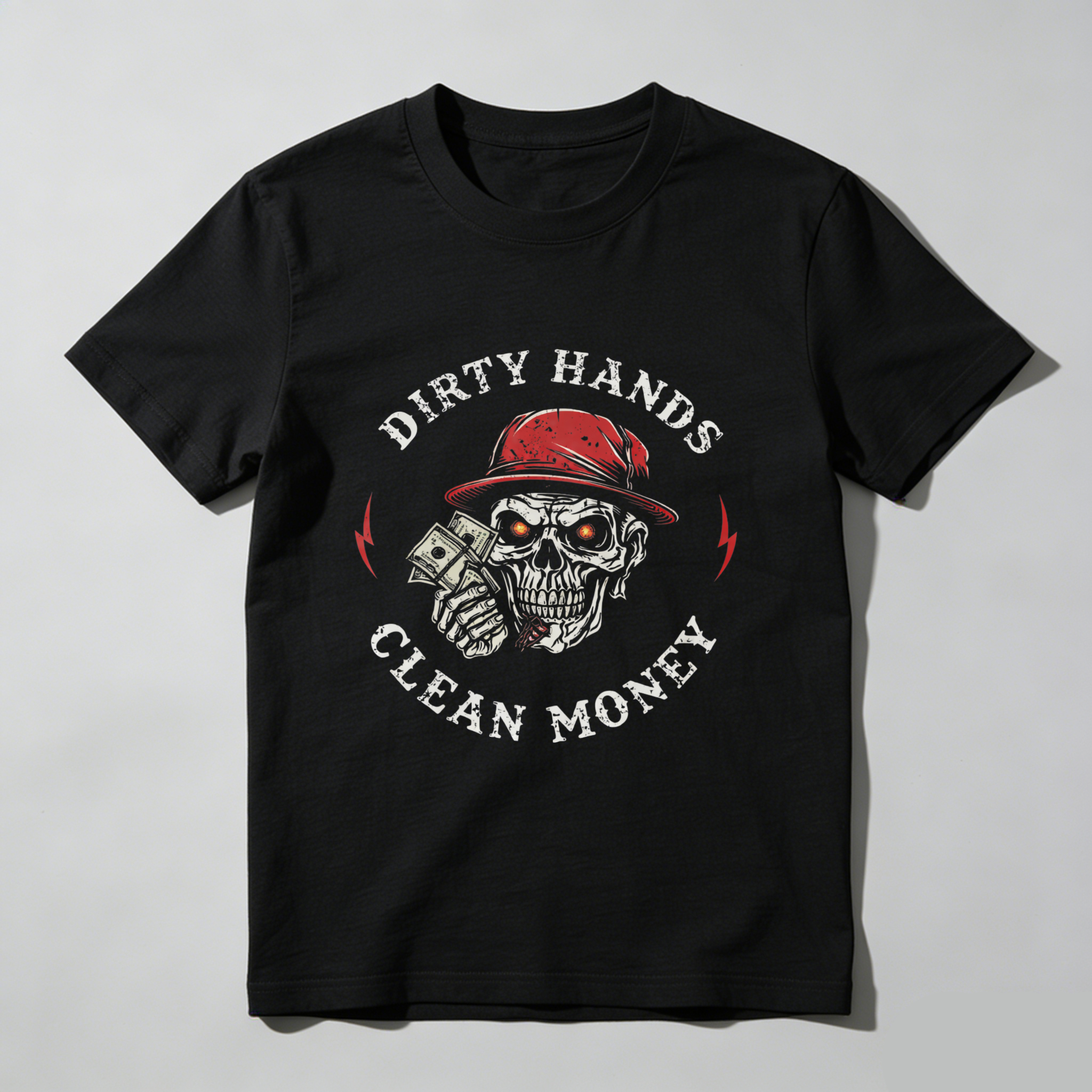 TEECURENT Dirty Hands Clean Money Skull T Shirt With Red Hat And Money Graphic Design For Men And Women