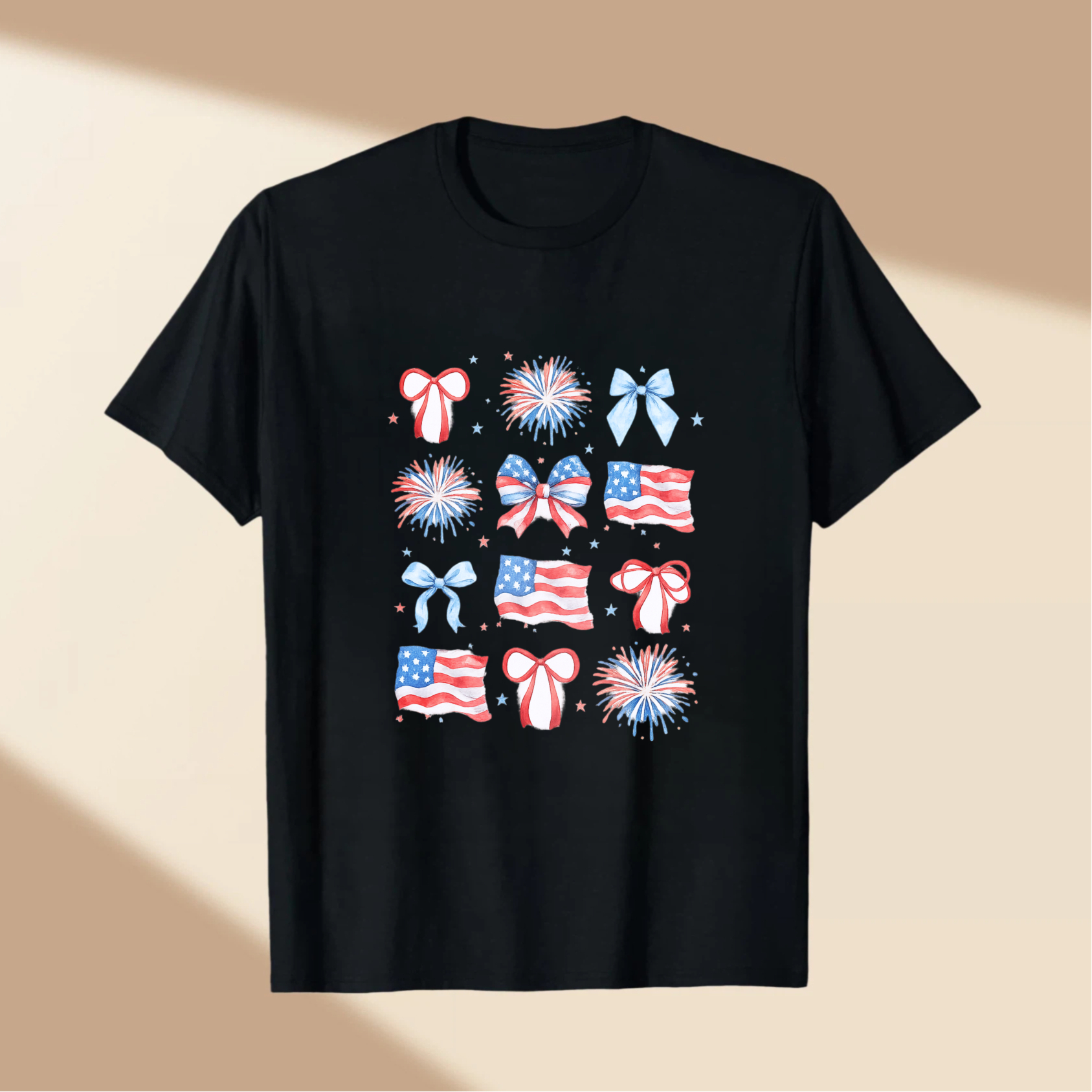 TEECURENT Patriotic American Flag Fireworks Bows And Stars Fourth Of July Independence Day Celebration T Shirt WOMEN
