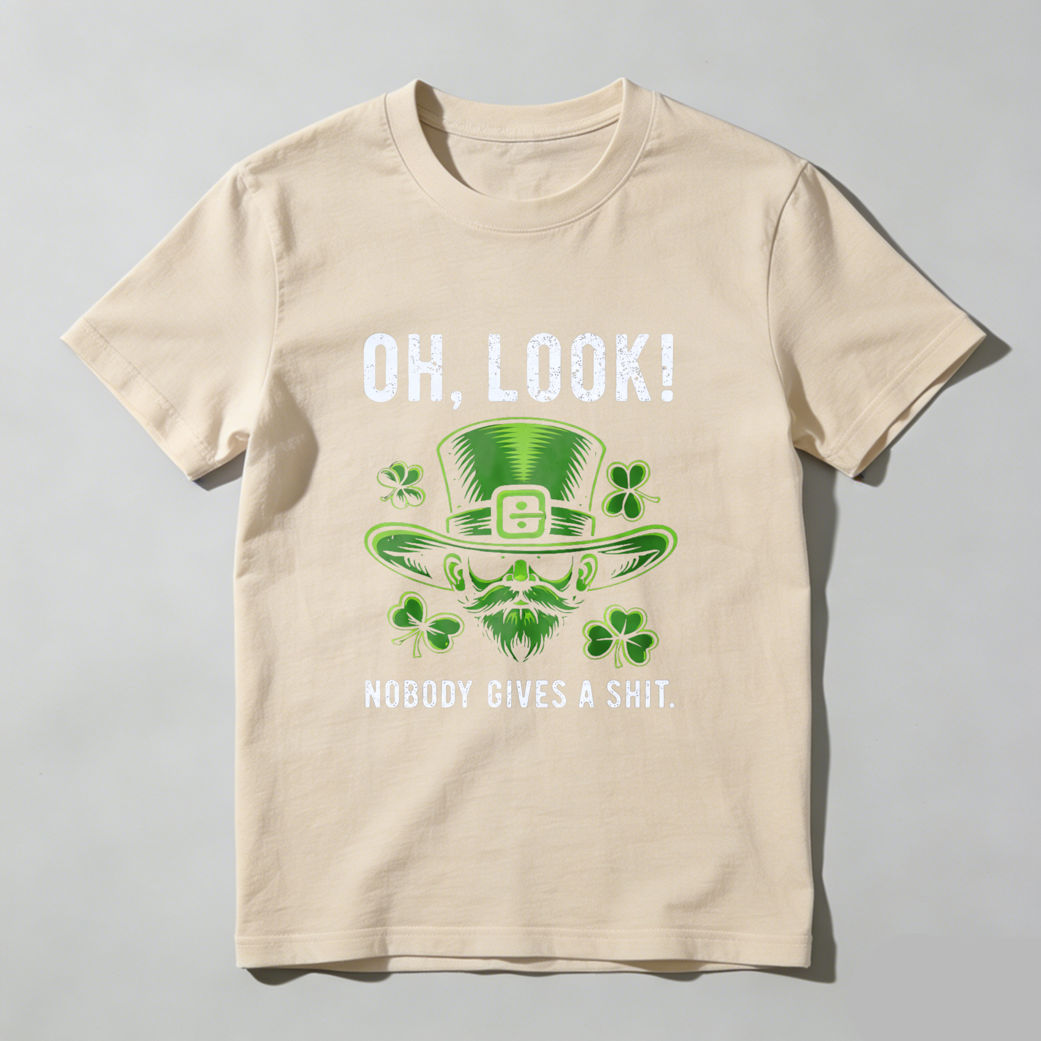 TEECURENT Oh Look Nobody Gives A Shit St Patrick's Day T-Shirt With Leprechaun Hat And Shamrocks Design For Men Women Funny Irish Holiday Shirt