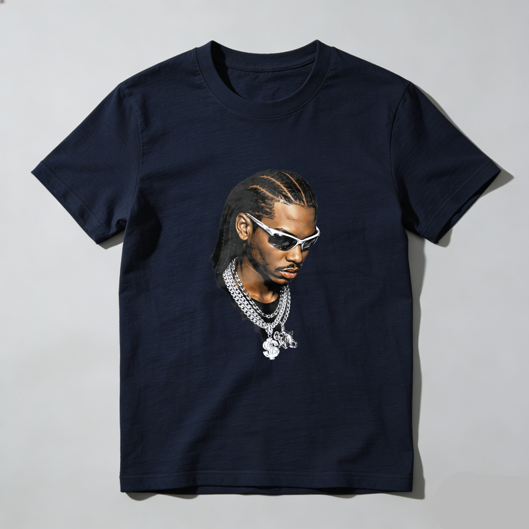 TEECURENT T Shirt Black With Portrait Of Man Wearing Sunglasses And Chain Necklace Streetwear Style Graphic Design