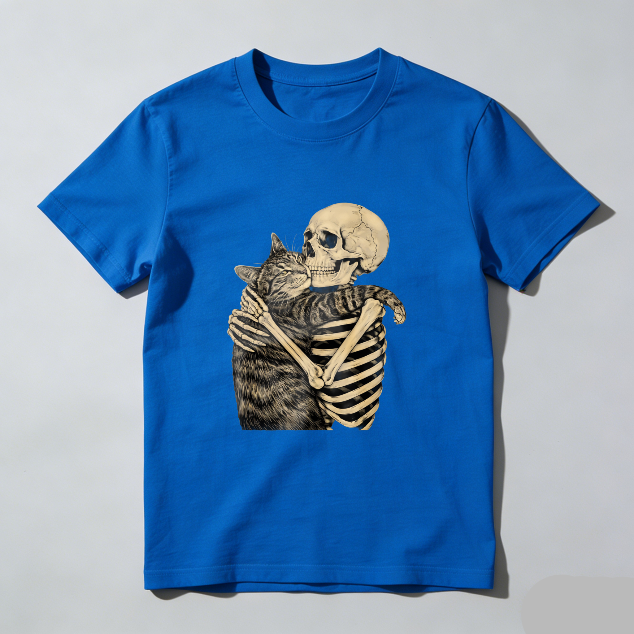 TEECURENT Skeleton Hugging Cat Graphic T Shirt Black Unisex Design Artistic Print Casual Wear