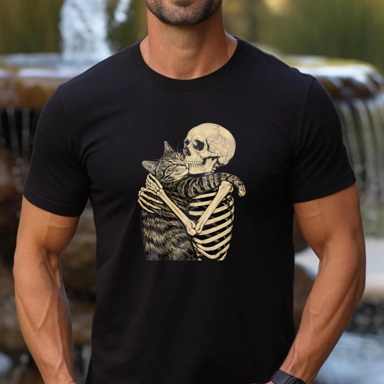 TEECURENT Skeleton Hugging Cat Graphic T Shirt Black Unisex Design Artistic Print Casual Wear