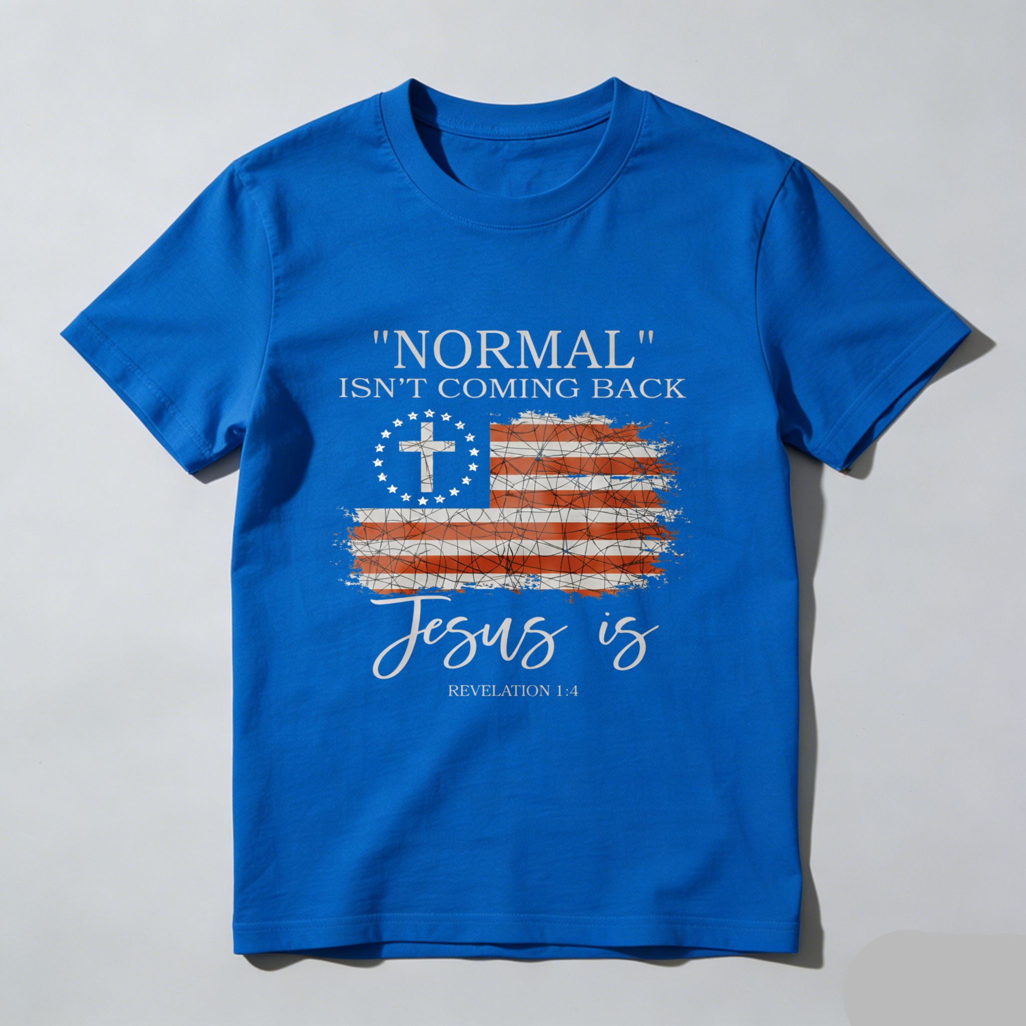 TEECURENT Normal Isnt Coming Back Jesus Is Revelation 14 American Flag Cross Christian T Shirt WOMEN