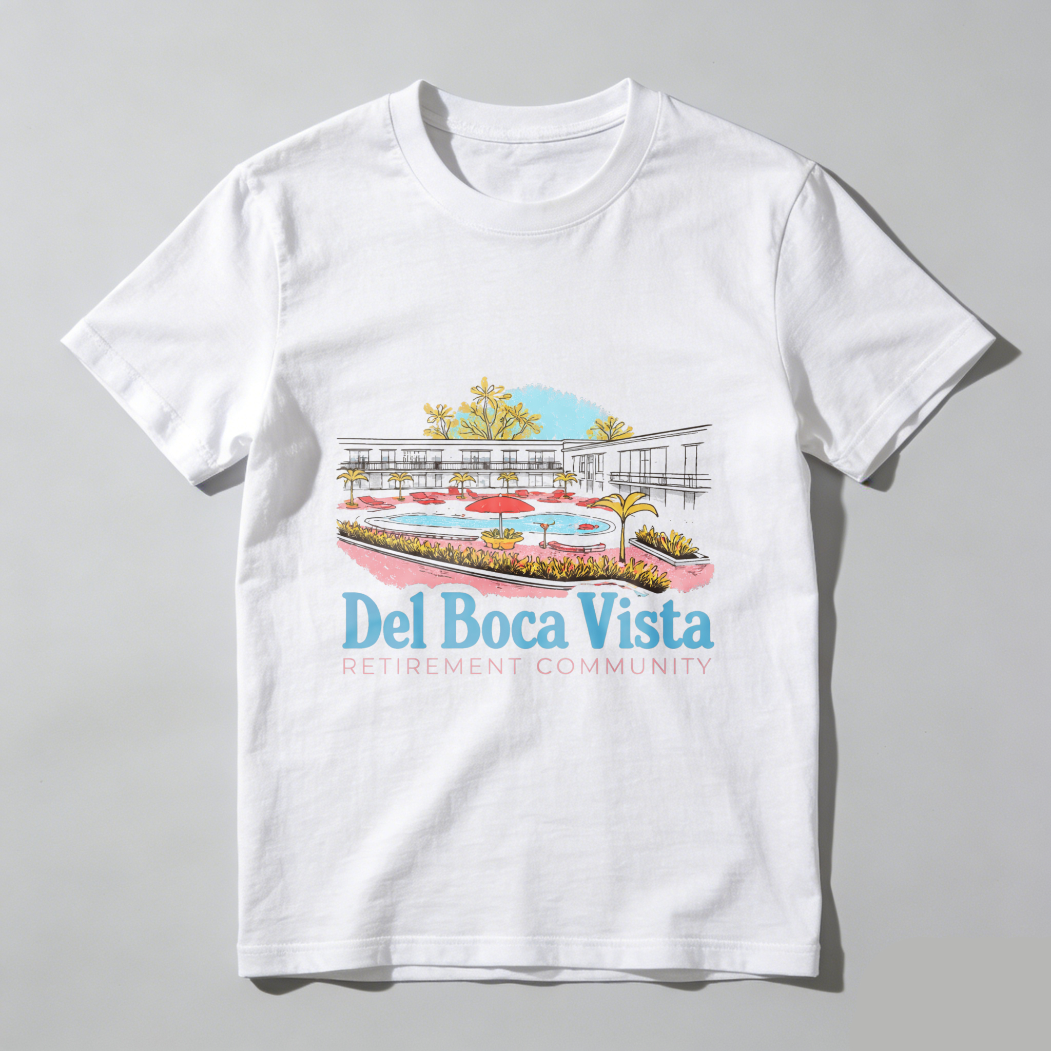 TEECURENT Del Boca Vista Retirement Community T-Shirt With Resort Design And Palm Trees Graphic