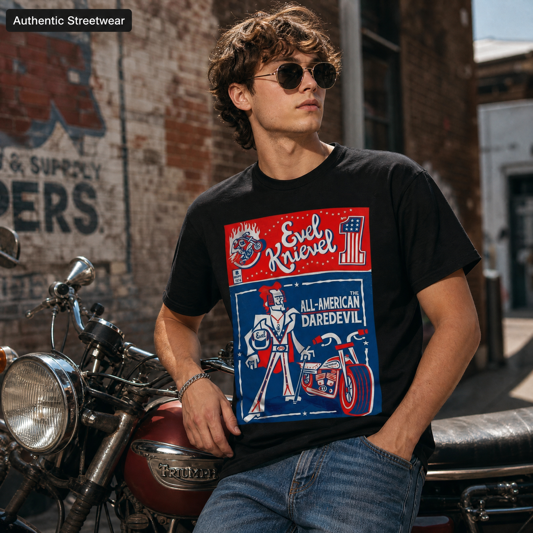All American Daredevil Vintage Style Graphic T-Shirt Casual Top Retro Motorcycle Stunt Rider Design Cotton T-Shirt