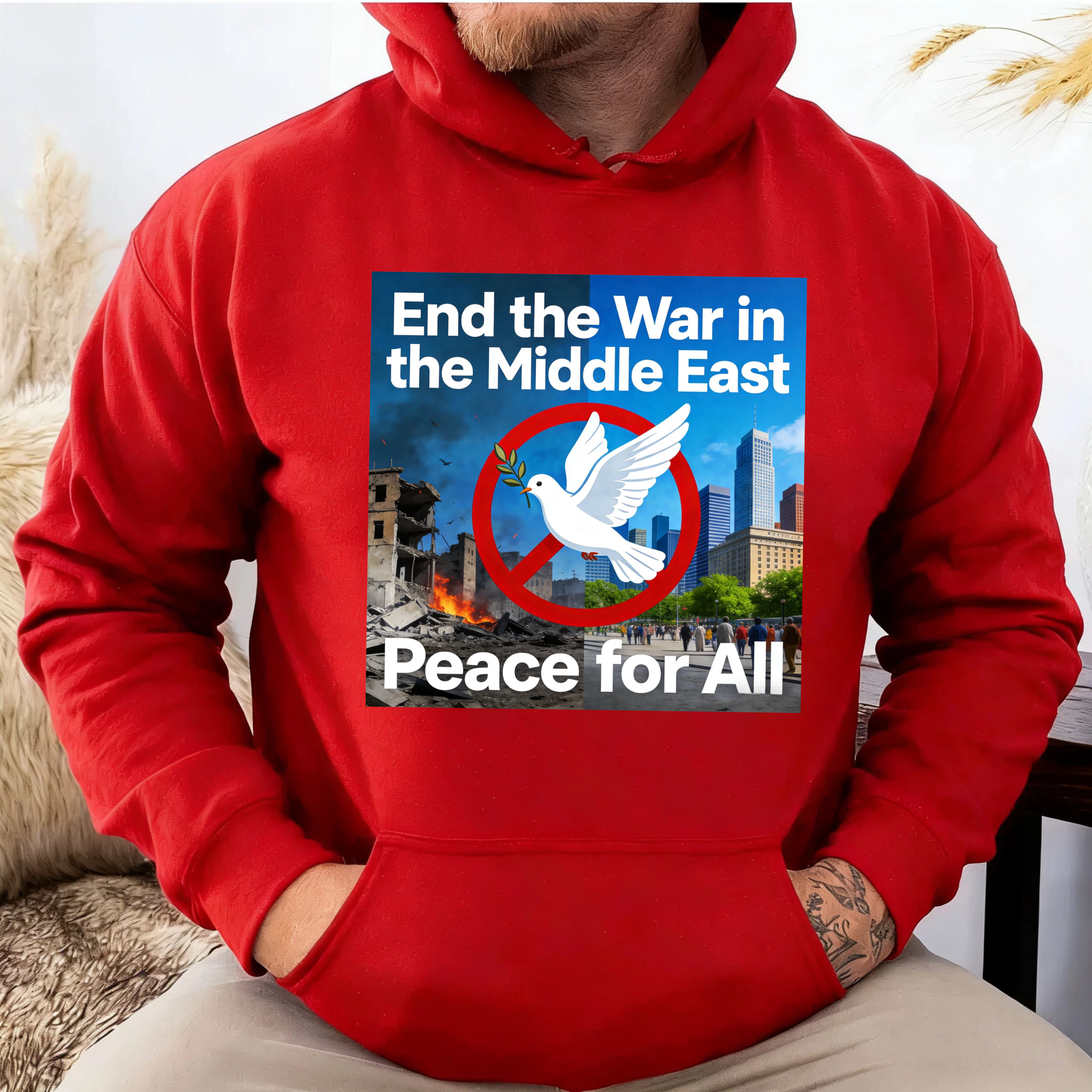 TEECURENT End The War In The Middle East Peace For All Hoodie With Dove And Cityscape Design