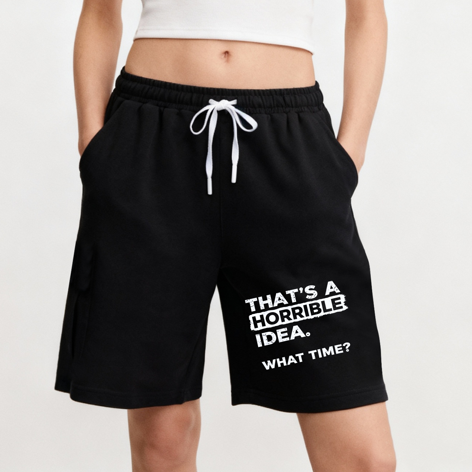 TEECURENT That's A Horrible Idea What Time Men's Black Shorts With Drawstring Elastic Waistband Casual Comfortable Sportswear For Everyday Wear
