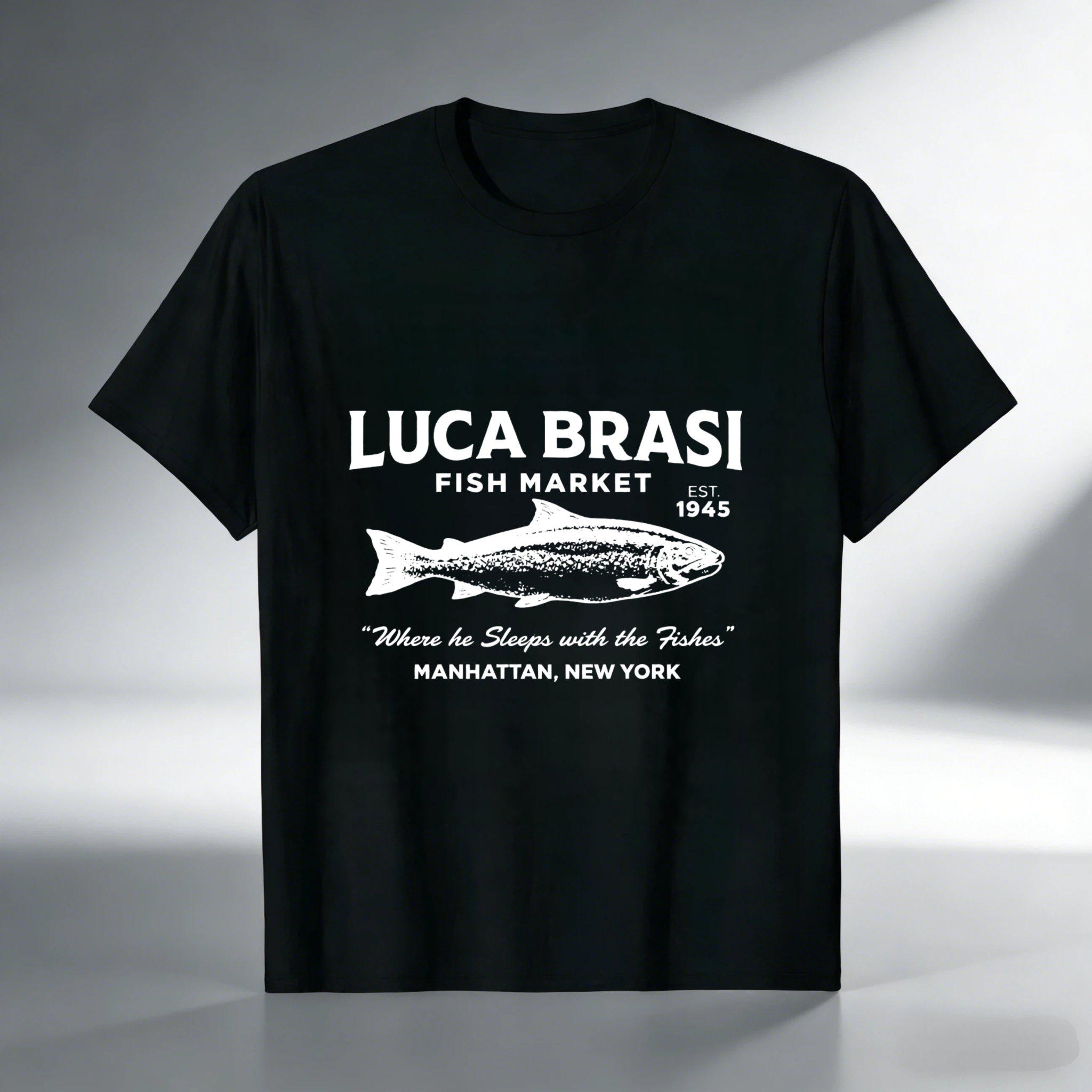 TEECURENT Luca Brasi Fish Market T Shirt Manhattan New York Vintage Fish Design Black Cotton Tee Men Women Unisex Apparel