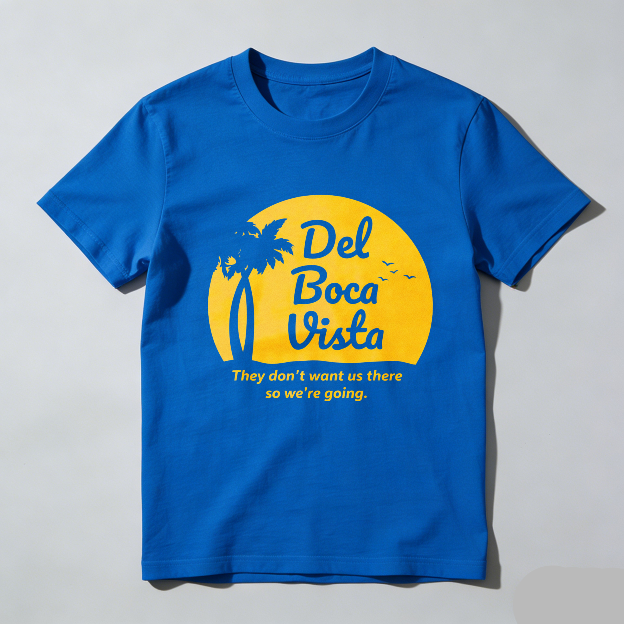 TEECURENTDel Boca Vista T-Shirt Black With Yellow Sun Palm Tree And Slogan They Dont Want Us There So Were Going Summer Vacation Travel Gift For Men Women Unisex Casual Wear-TeeCurent