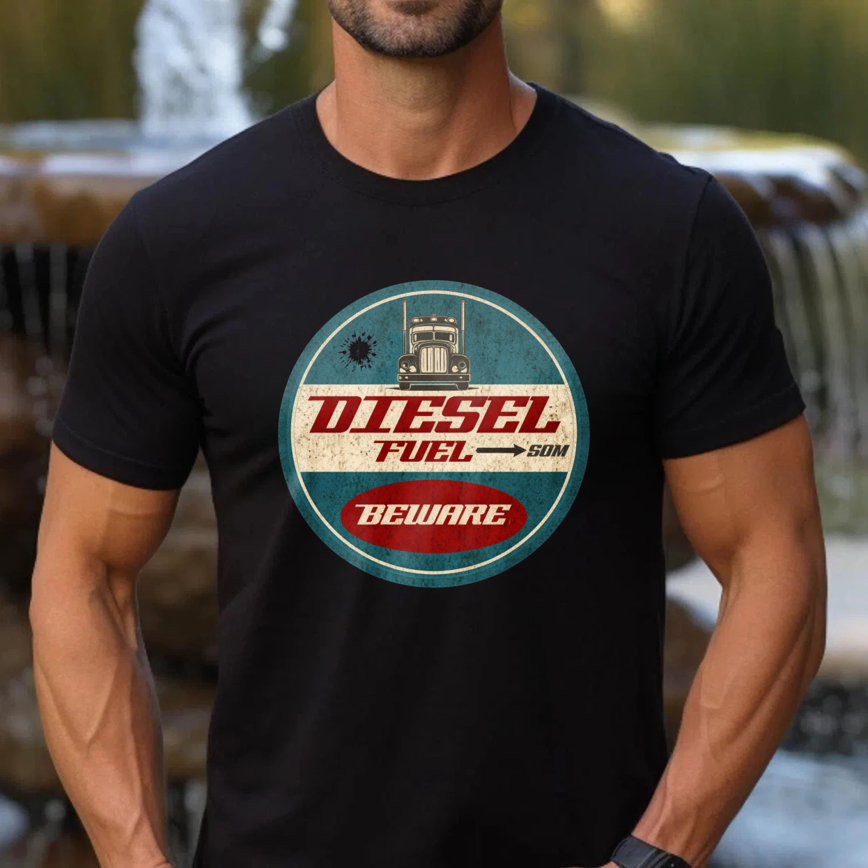 Diesel Fuel Beware Vintage Truck T-Shirt Men's Classic Crewneck Shirt Retro Diesel Engine Design Black Cotton Tee