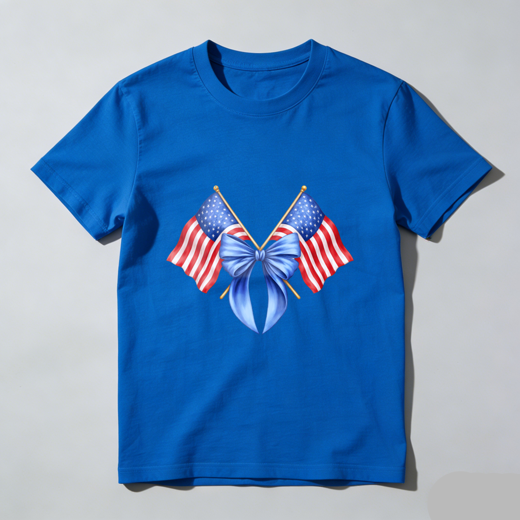 TEECURENT American Flag Crossed With Blue Bow Patriotic T Shirt WOMEN