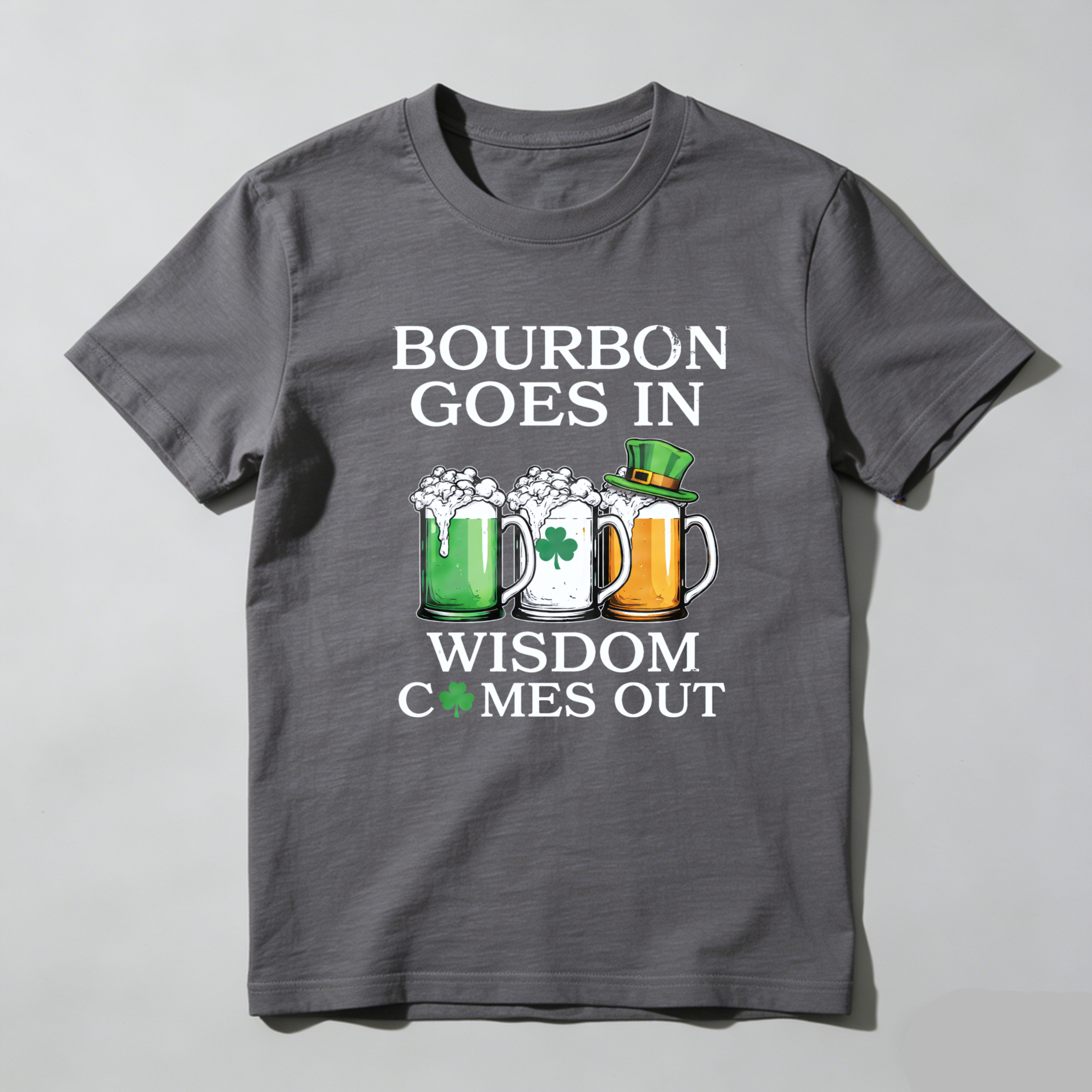 TEECURENT Bourbon Goes In Wisdom Comes Out St Patrick's Day Beer Shirt With Shamrock And Mug Design For Men Women Unisex T-Shirt