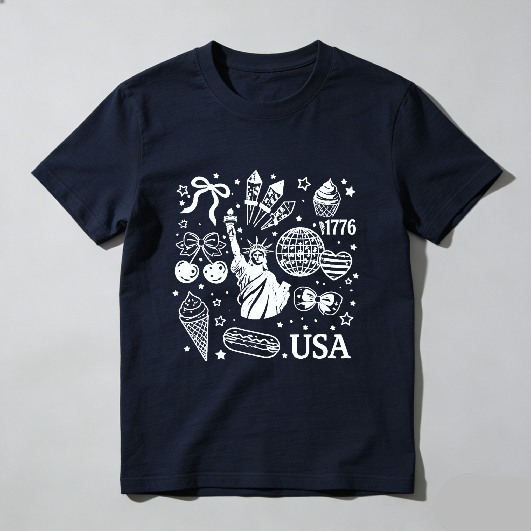 TEECURENT American Independence Day Celebration T Shirt Usa 1776 Statue Of Liberty Fireworks Ice Cream Hot Dog Stars And Stripes Patriotic Design WOMEN