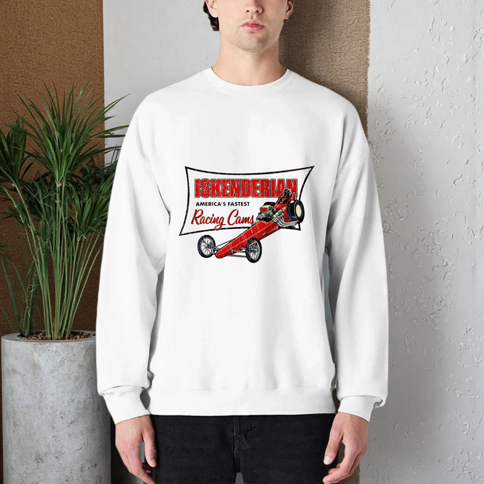 TEECURENT Iskenderian Racing Crew Sweatshirt Black Graphic Print Long Sleeve Pullover Top