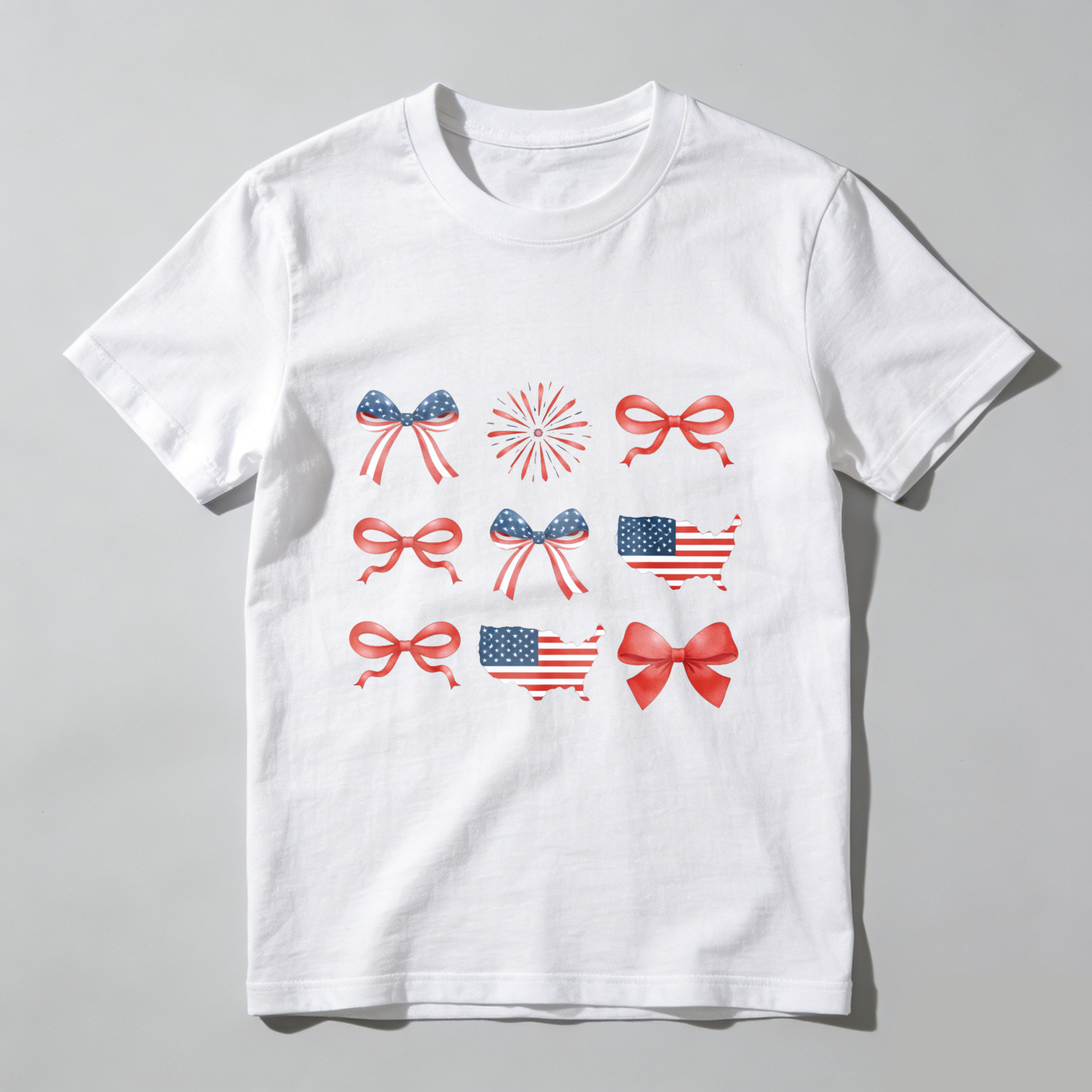 TEECURENT Patriotic Usa Flag Bow Fireworks Map T Shirt Independence Day Celebration Apparel WOMEN