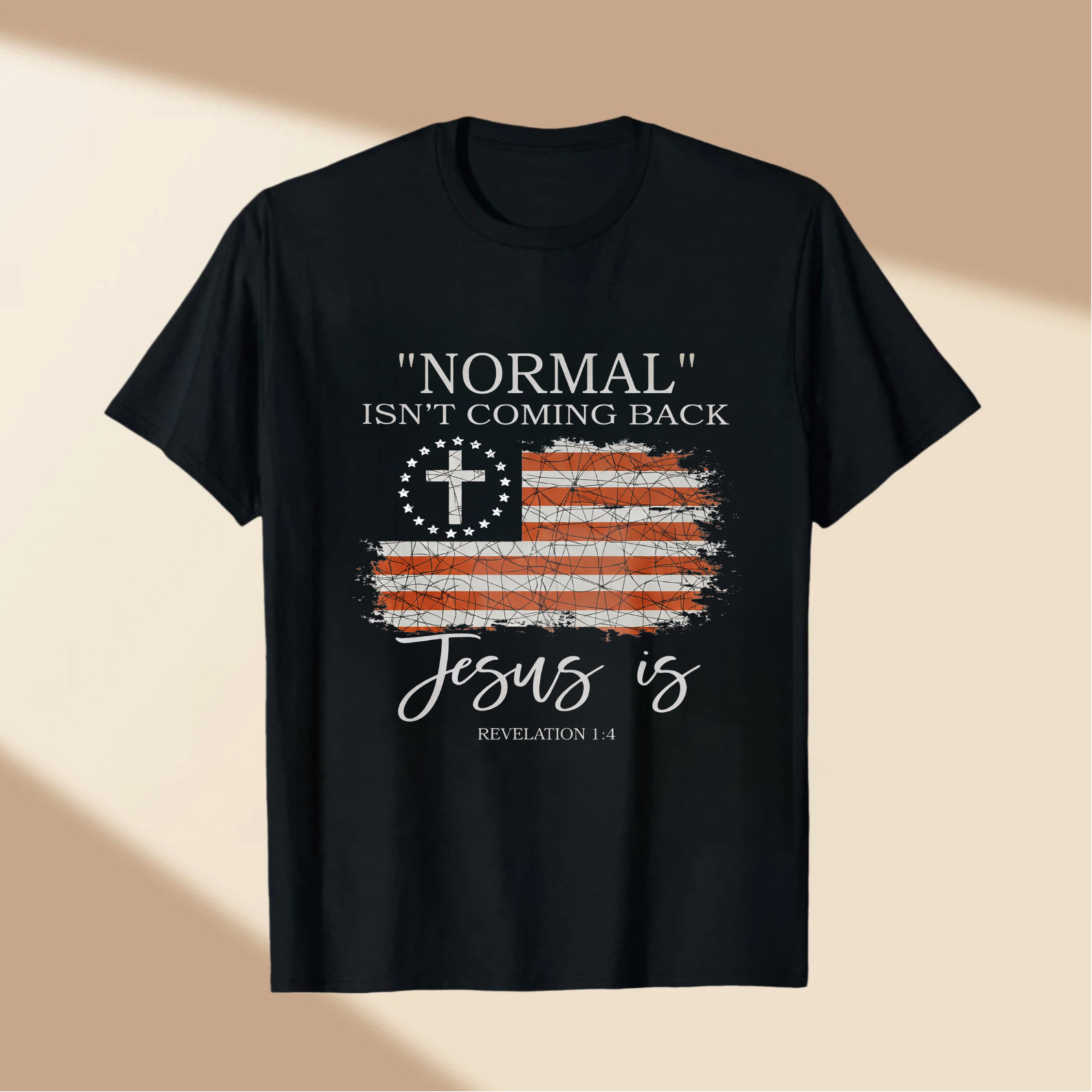 TEECURENT Normal Isnt Coming Back Jesus Is Revelation 14 American Flag Cross Christian T Shirt WOMEN