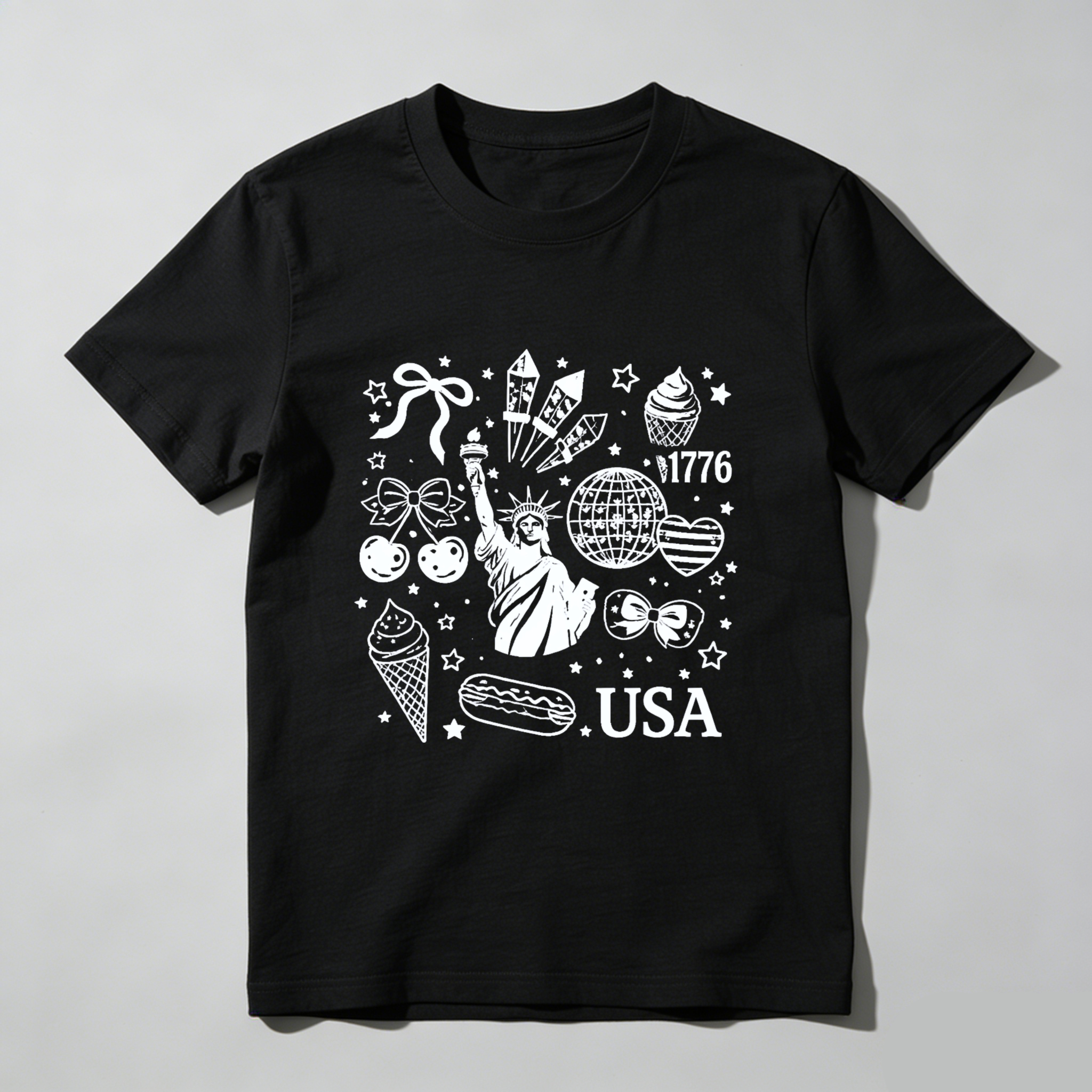 TEECURENT American Independence Day Celebration T Shirt Usa 1776 Statue Of Liberty Fireworks Ice Cream Hot Dog Stars And Stripes Patriotic Design WOMEN