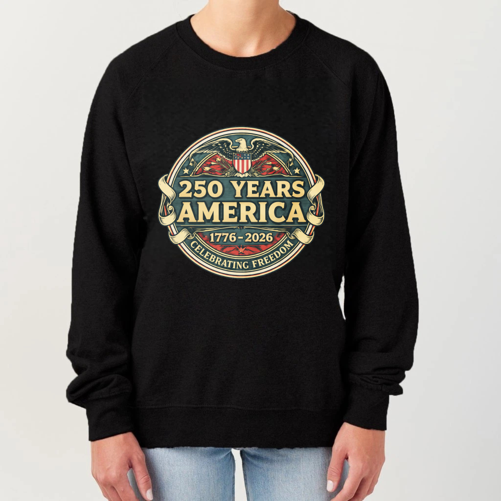 250 Years America 1776 2026 Celebrating Freedom Vintage Eagle Design Sweatshirt Black Unisex Crewneck Pullover Long Sleeve Casual Top