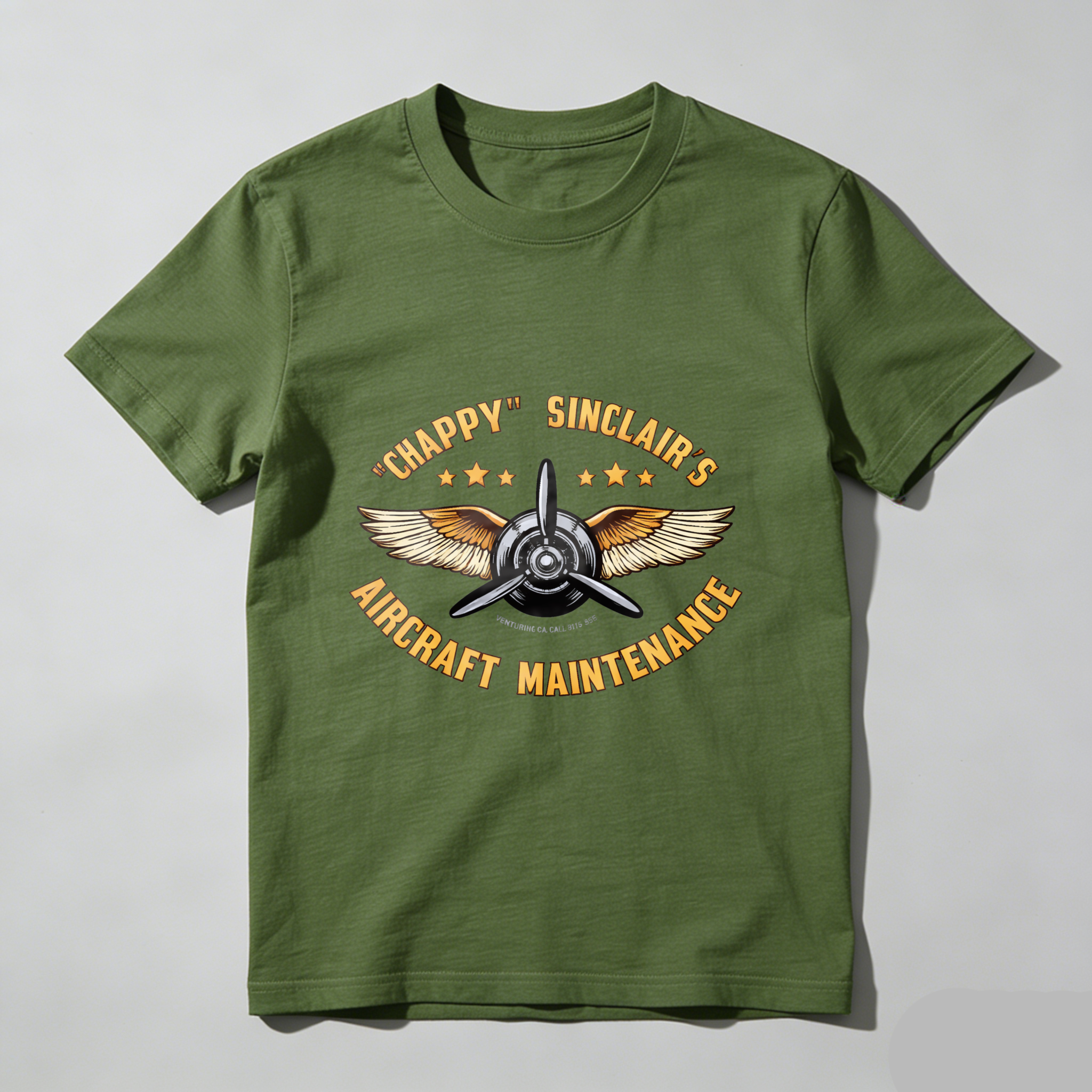 Chappy Sinclairs Aircraft Maintenance T Shirt Aviation Inspired Design With Wings And Propeller Graphic For Flight Enthusiasts