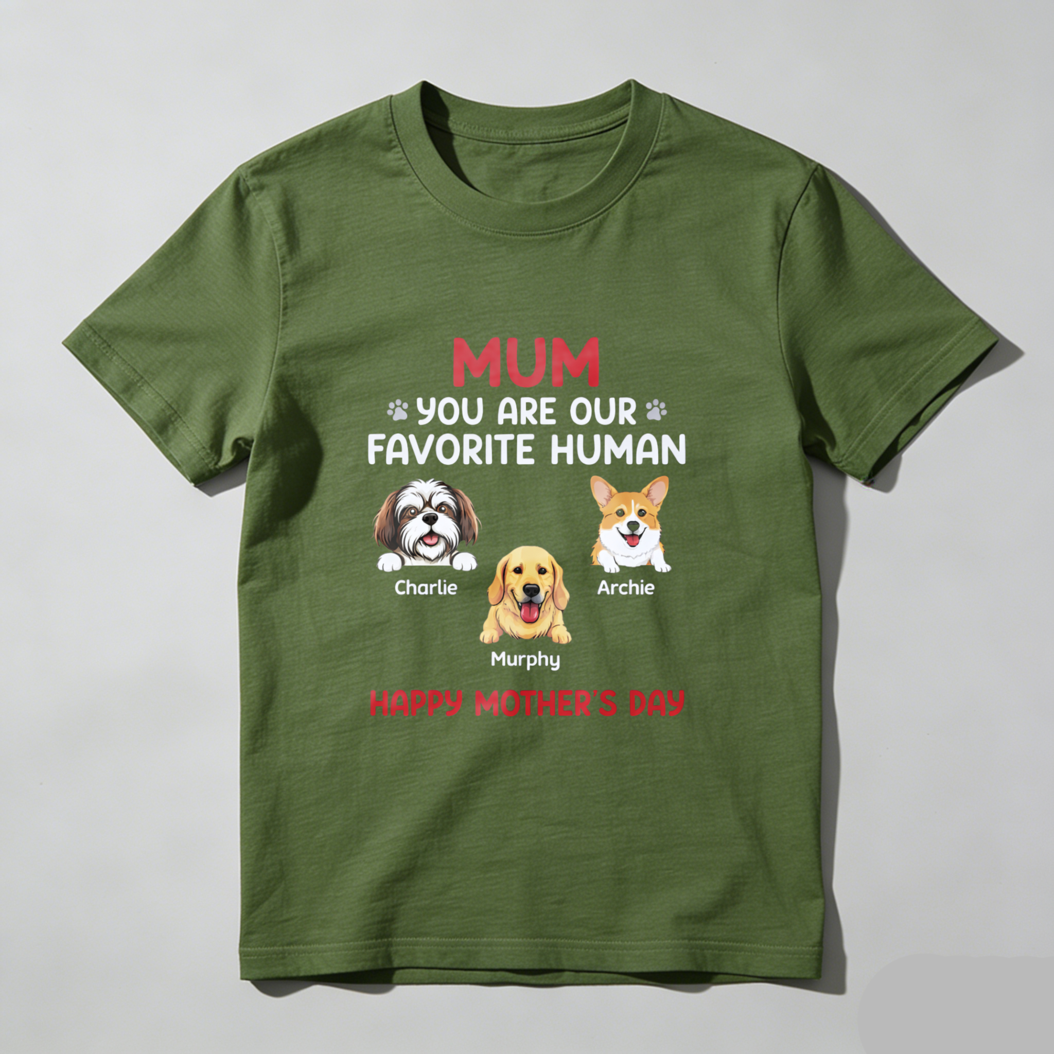 TEECURENT Personalized Dog Mom T Shirt Mum You Are Our Favorite Human Happy Mothers Day Custom Pet Lover Gift For Mother With Dog Names Charlie Murphy Archie WOMEN