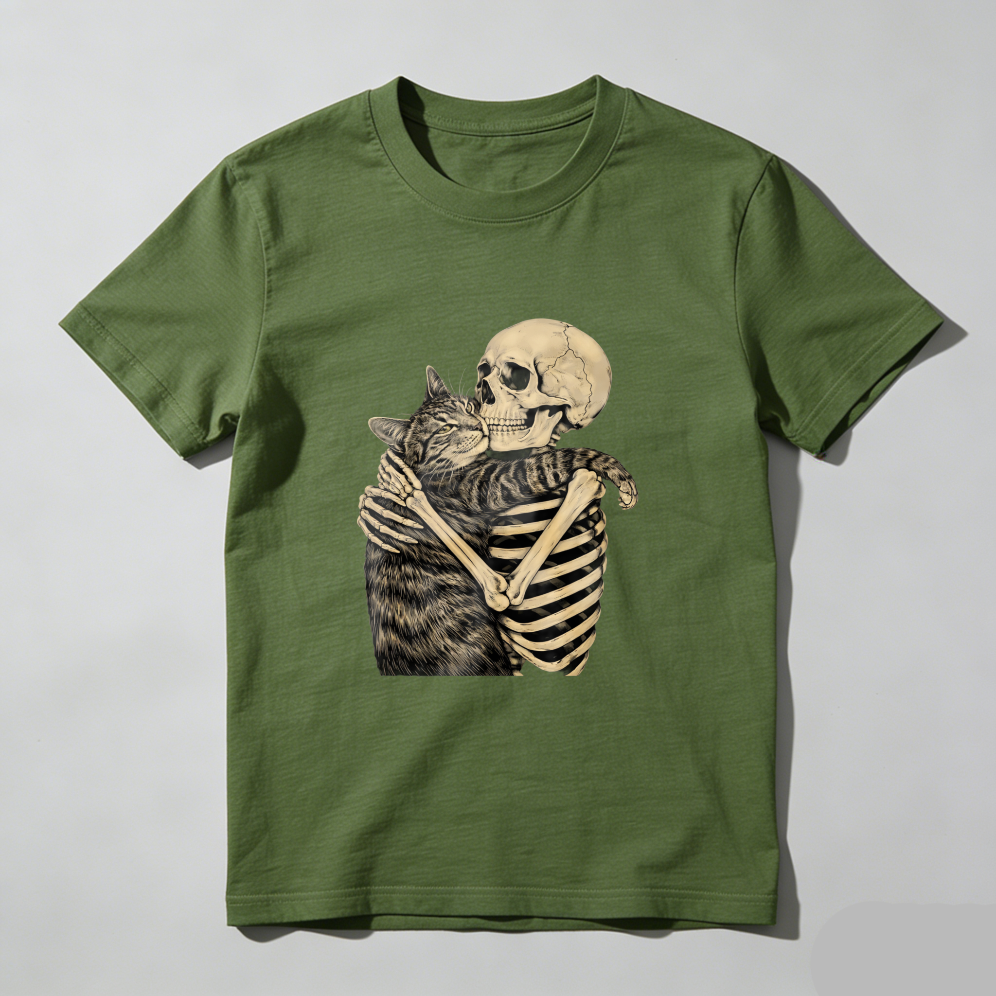 TEECURENT Skeleton Hugging Cat Graphic T Shirt Black Unisex Design Artistic Print Casual Wear