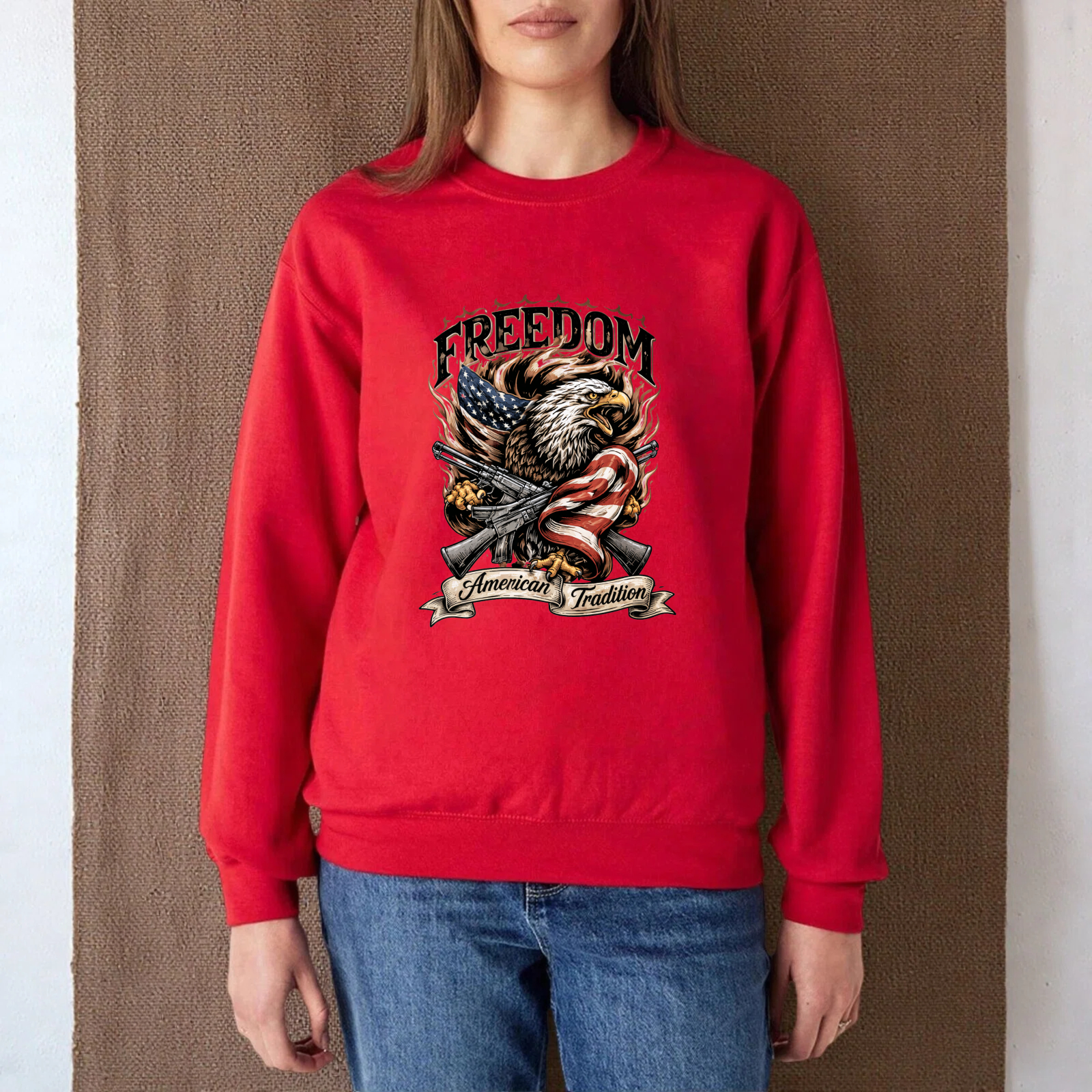 Freedom American Tradition Eagle Flag Sweatshirt Unisex Crewneck Pullover Long Sleeve Casual Top