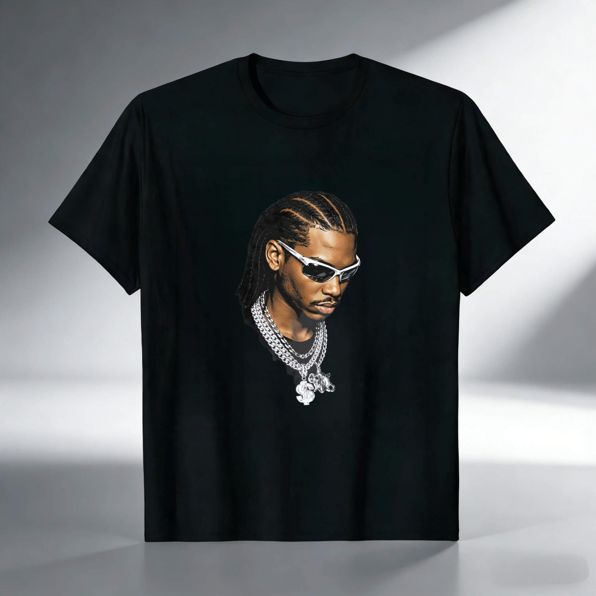 TEECURENT T Shirt Black With Portrait Of Man Wearing Sunglasses And Chain Necklace Streetwear Style Graphic Design