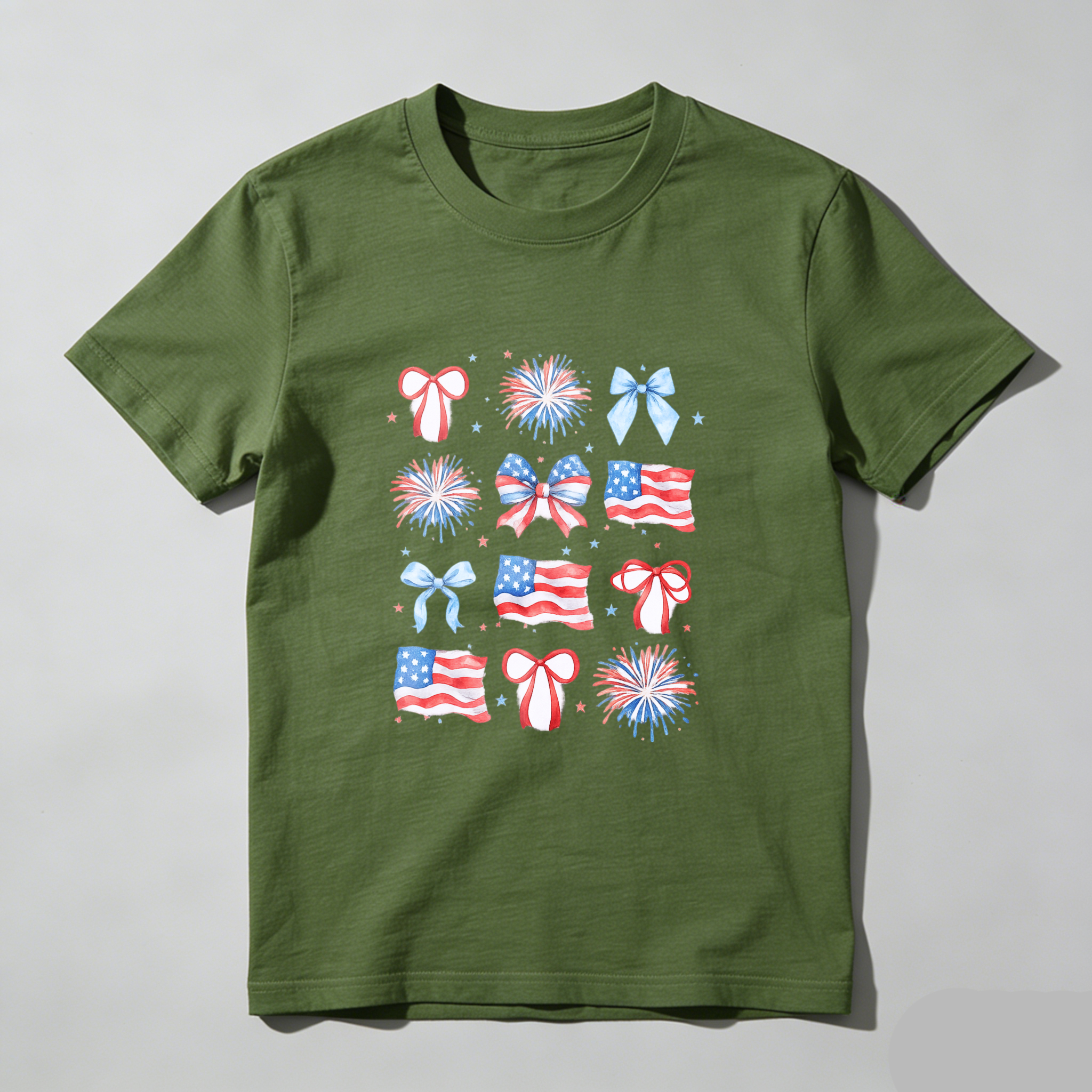 TEECURENT Patriotic American Flag Fireworks Bows And Stars Fourth Of July Independence Day Celebration T Shirt WOMEN