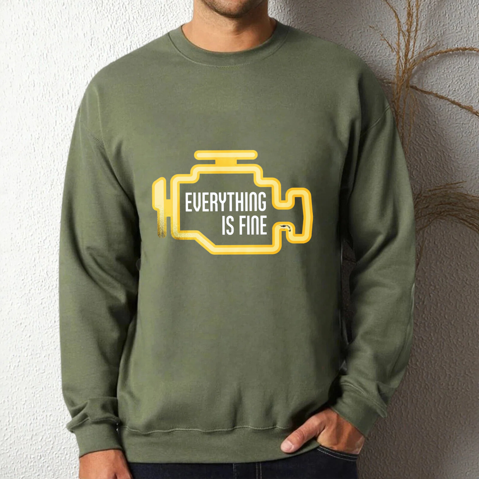 TEECURENT Everything Is Fine Sweatshirt Black With Yellow Graphic Design Casual Crewneck Pullover For Men Women Unisex Fashion Statement Top