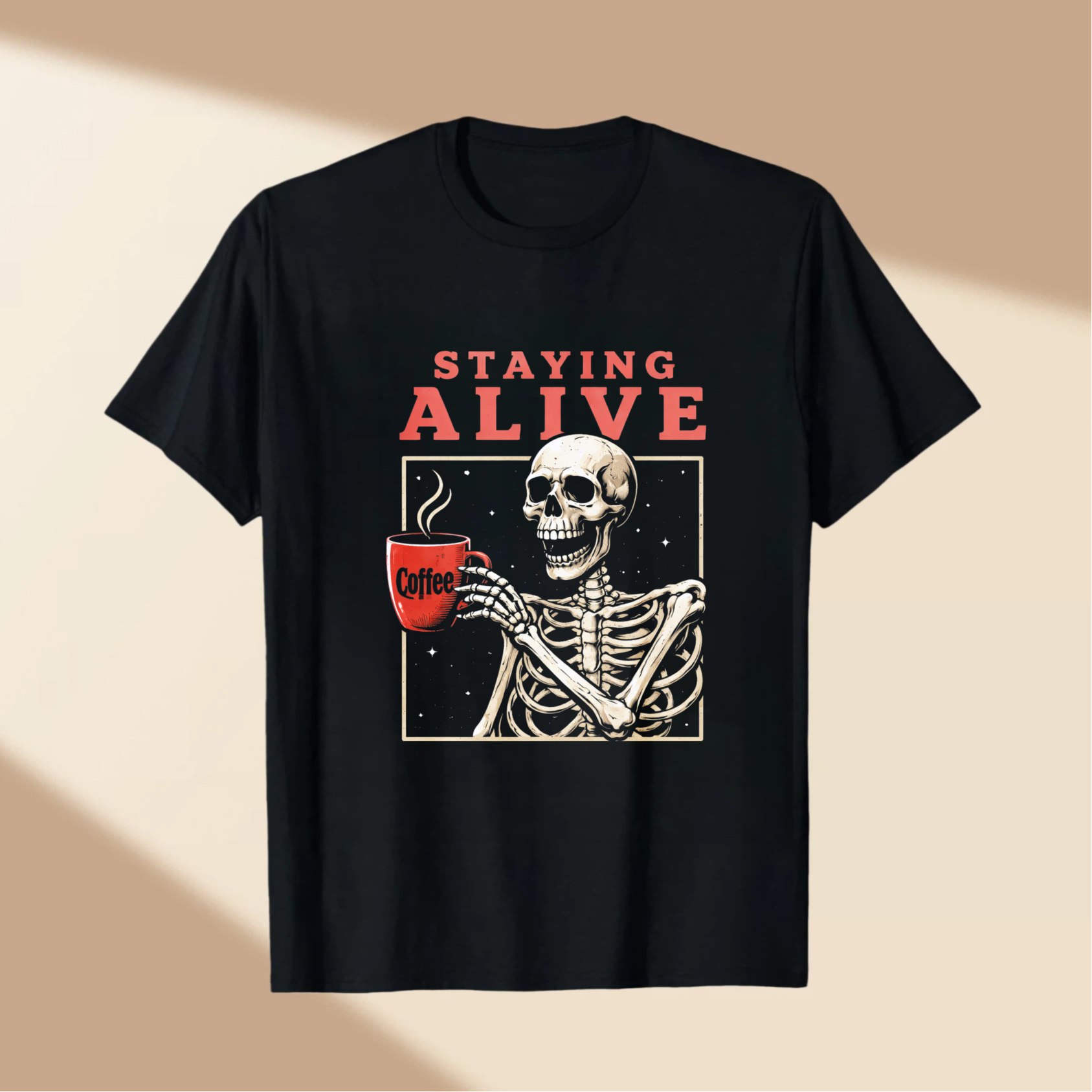 TEECURENT Staying Alive Skeleton Coffee Mug T-Shirt Funny Halloween Gift For Coffee Lovers WOMEN