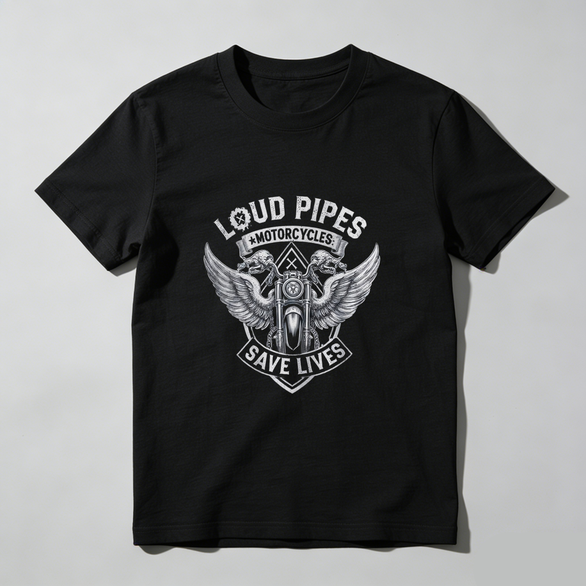 TEECURENT T-SHIRT  Loud Pipes Save Lives Motorcycles Wings Engine