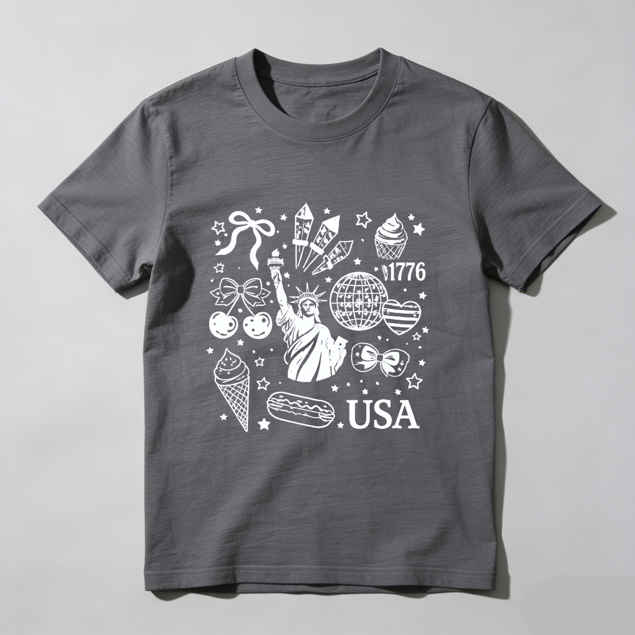 TEECURENT American Independence Day Celebration T Shirt Usa 1776 Statue Of Liberty Fireworks Ice Cream Hot Dog Stars And Stripes Patriotic Design WOMEN