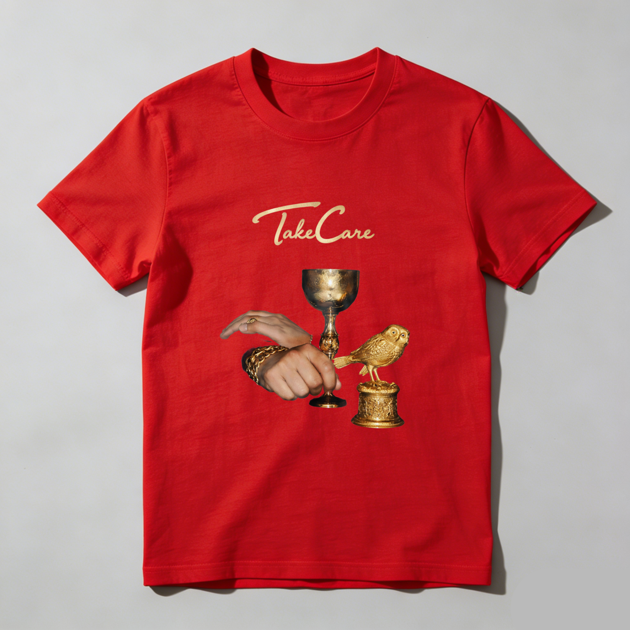TEECURENT Take Care Golden Bird And Chalice Design T Shirt Men Women Fashion Casual Wear Artistic Statement Graphic Tee