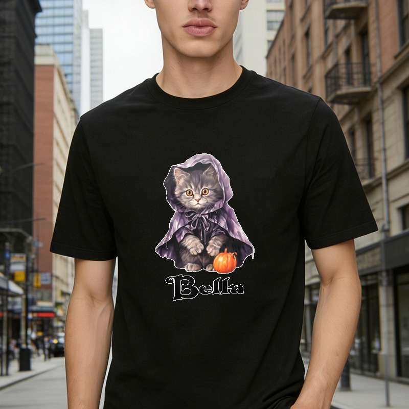 Cute Gray Kitten In Purple Hooded Cloak With Pumpkin And Bella Text Unisex Classic T-shirt