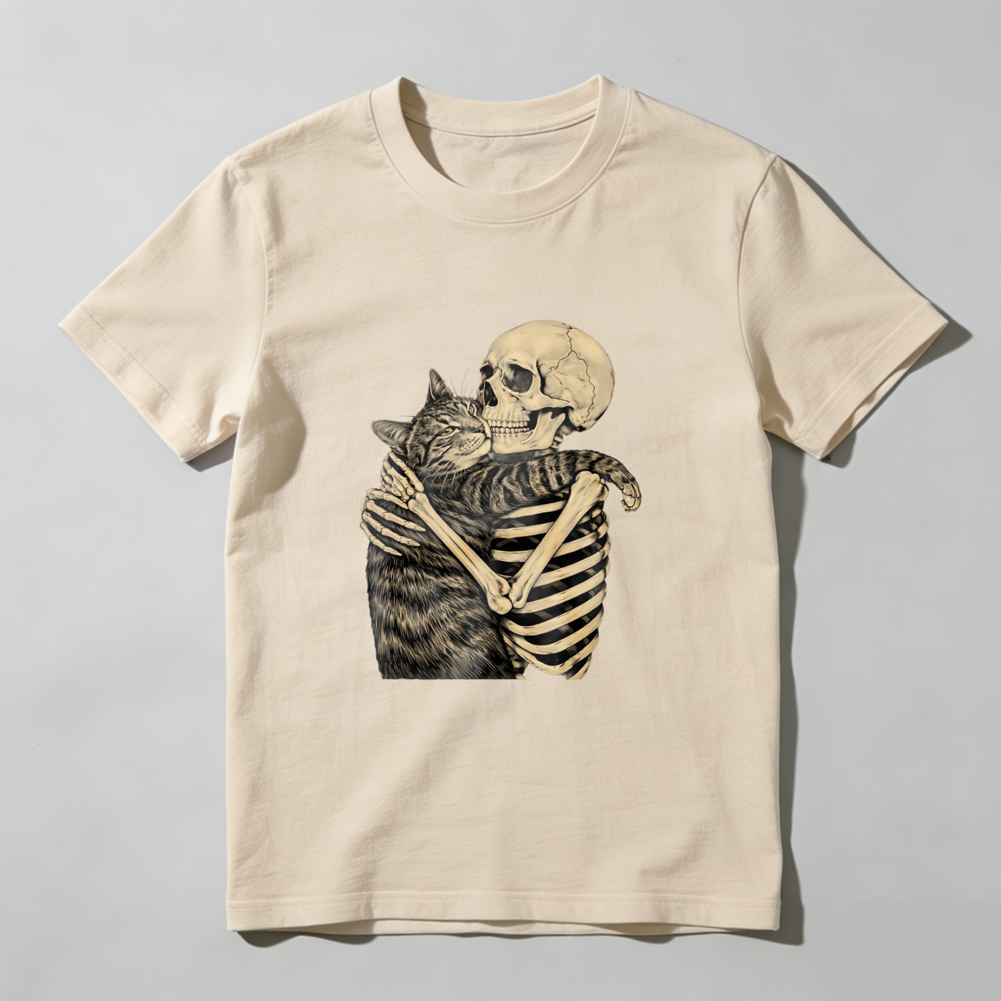 TEECURENT Skeleton Hugging Cat Graphic T Shirt Black Unisex Design Artistic Print Casual Wear
