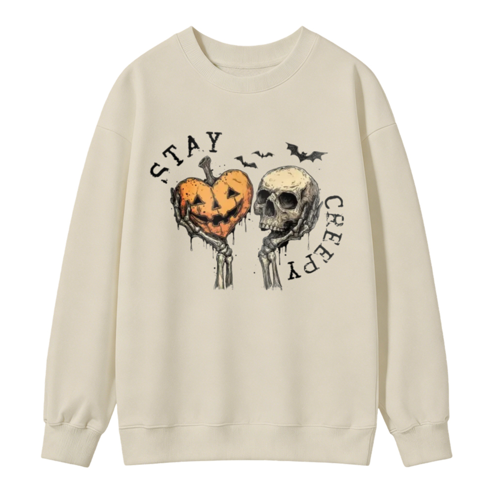 Halloween Pumpkin Skull Skeleton Hand Heart Stay Creepy Graphic Sweatshirt