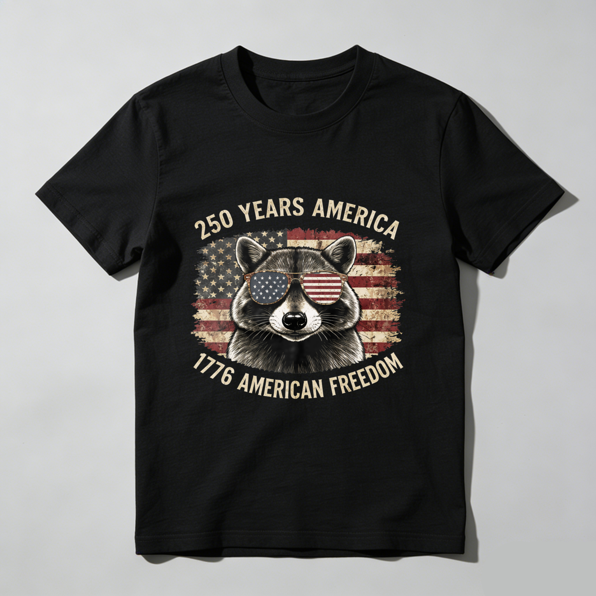 250 Years America 1776 American Freedom Raccoon With Usa Flag Sunglasses T Shirt