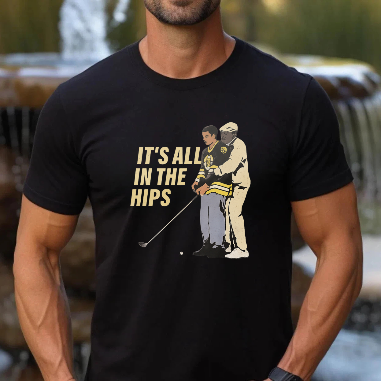 TEECURENT It All In The Hips Golf T-Shirt With Golfer And Coach Graphic Design For Men And Women Casual Wear