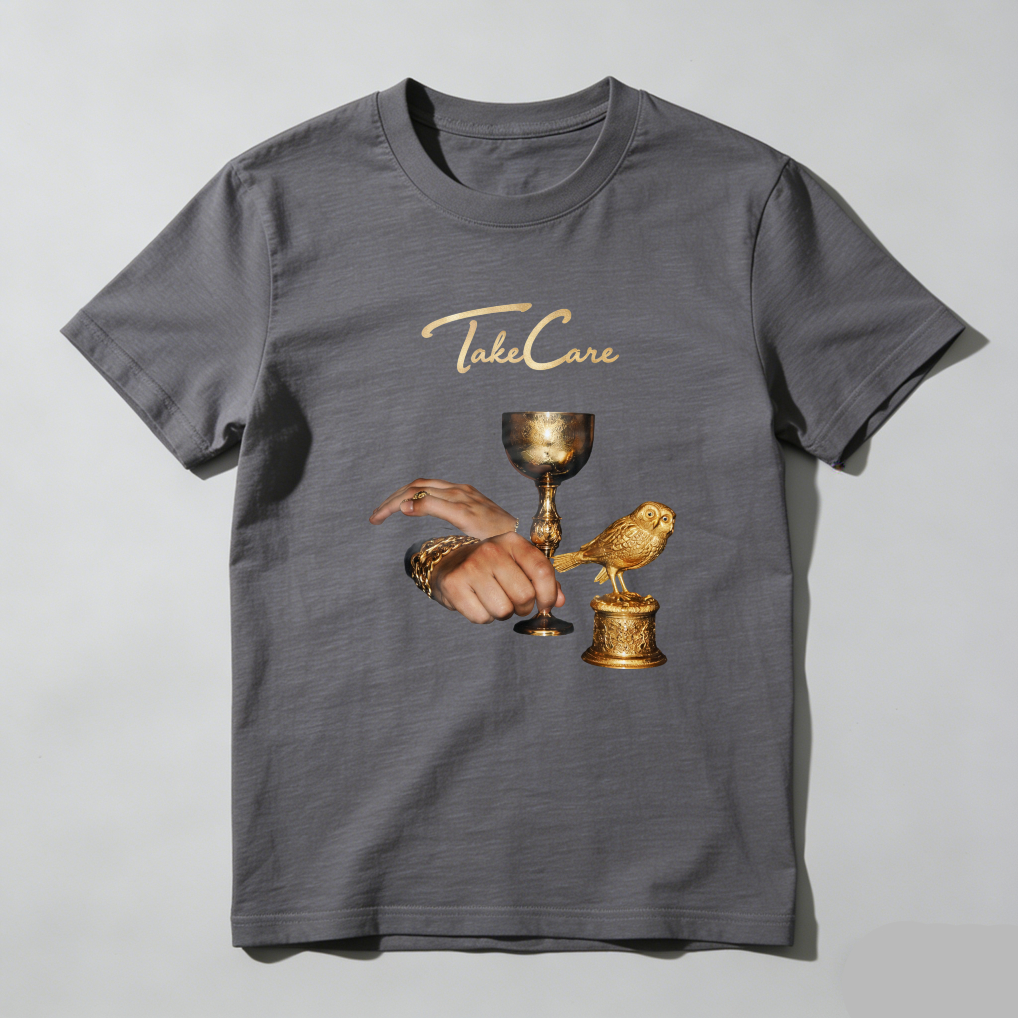 TEECURENT Take Care Golden Bird And Chalice Design T Shirt Men Women Fashion Casual Wear Artistic Statement Graphic Tee