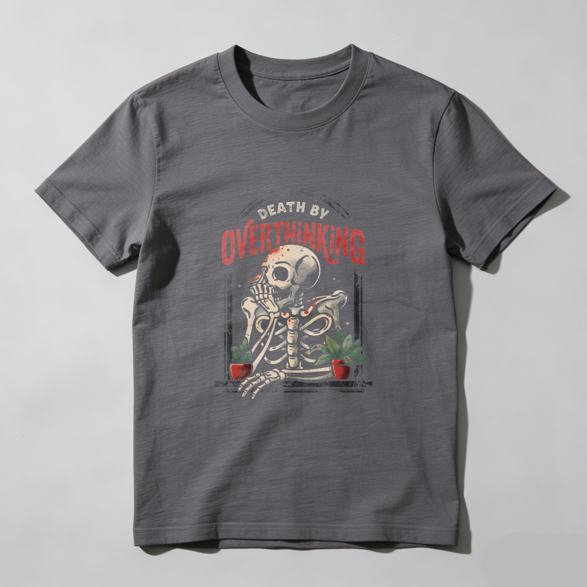 TEECURENT Death By Overthinking Skeleton T Shirt Funny Humor Anxiety Stress Relief Graphic Tee Men Women Unisex Casual Wear WOMEN