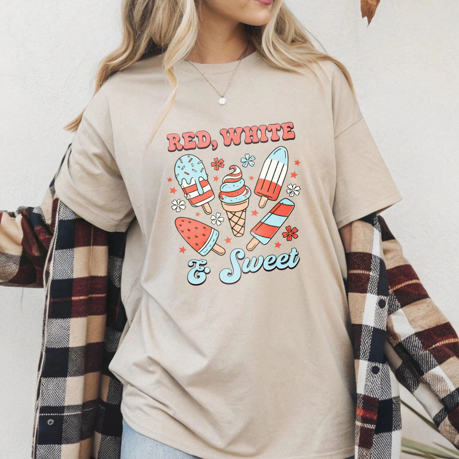 TEECURENT Red White And Sweet Ice Cream Pops Patriotic Summer T Shirt WOMEN