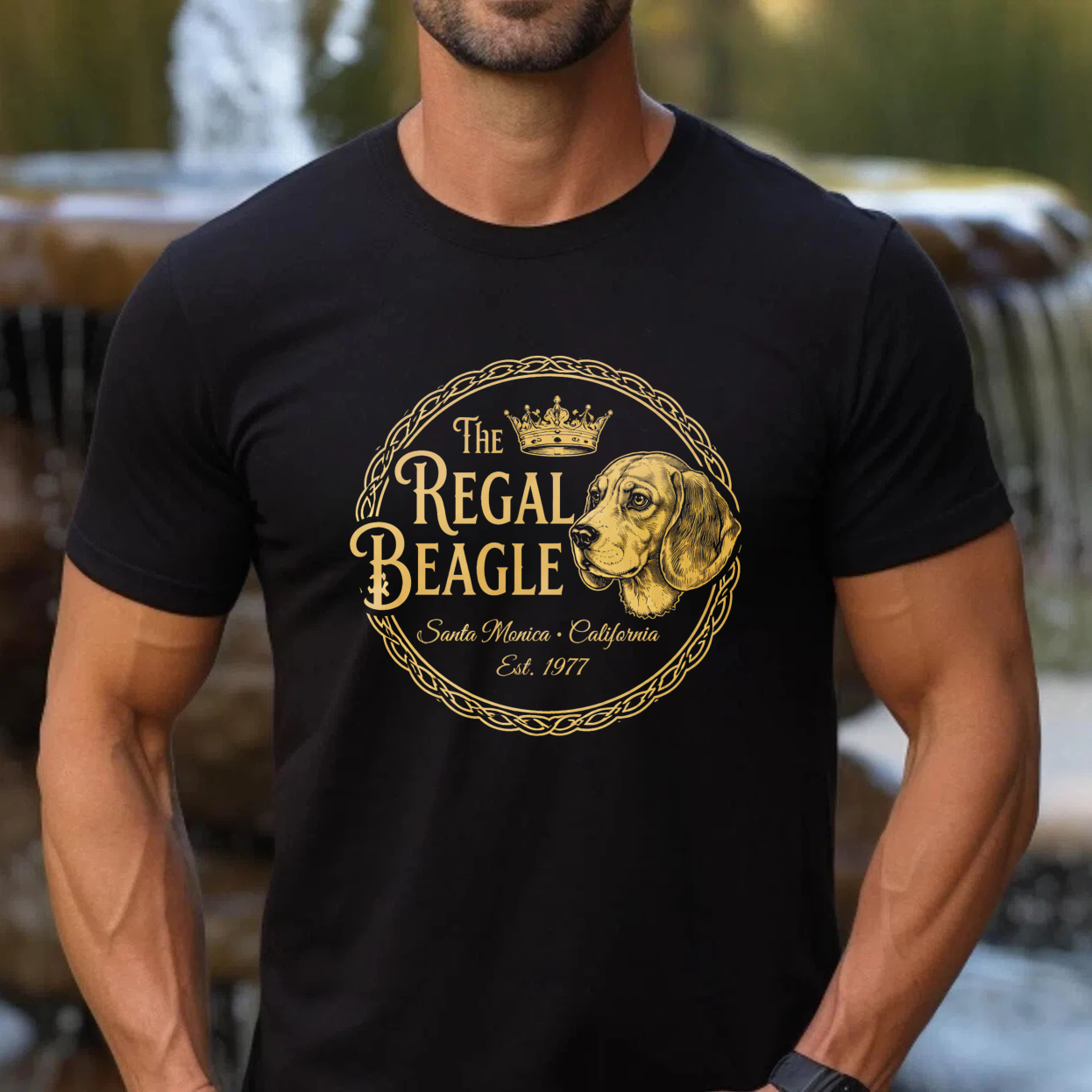 TEECURENT The Regal Beagle Dog Breed T Shirt Santa Monica California Established 1977 Gold Logo Black Cotton Men Women Unisex Apparel