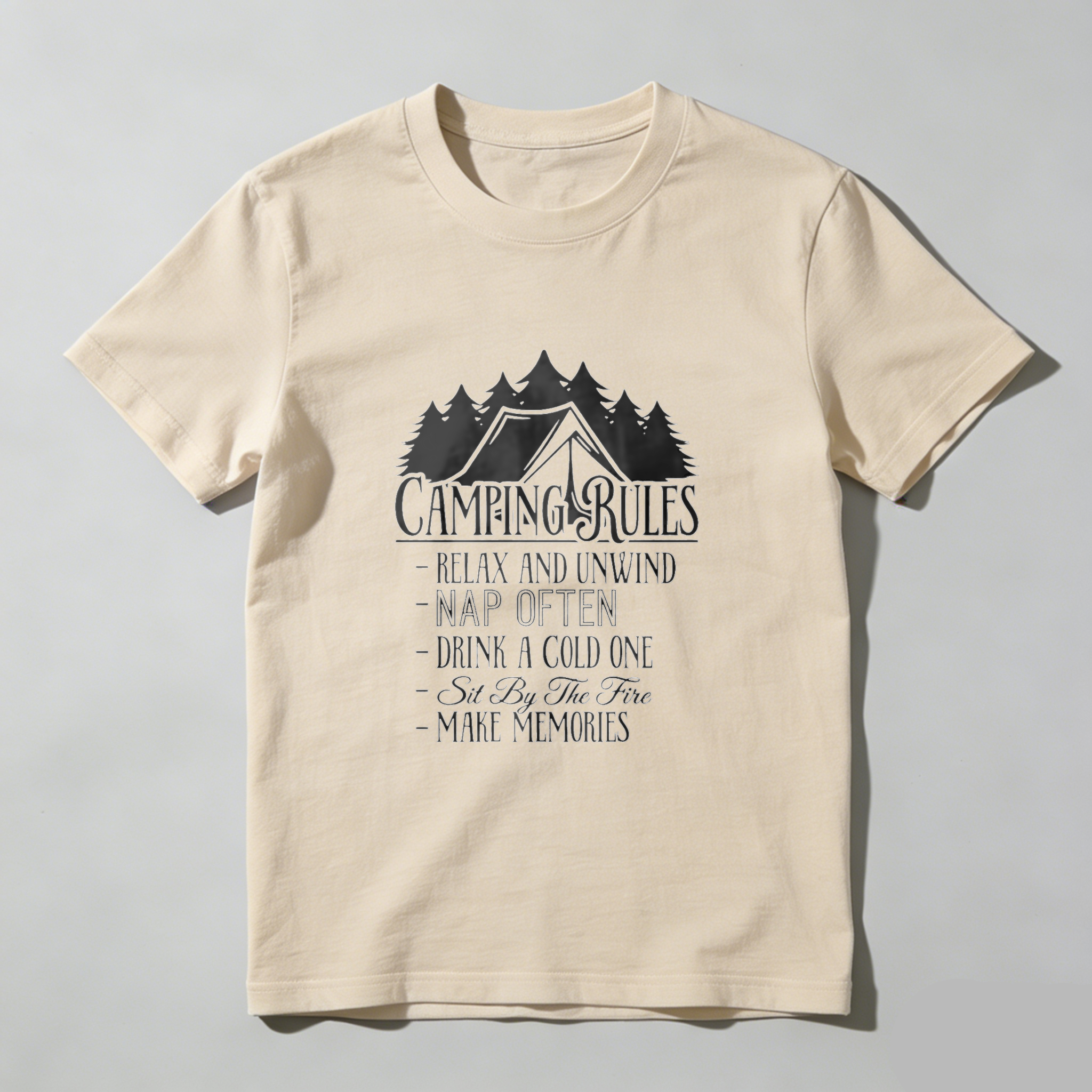 TEECURENT Camping Rules T Shirt Relax And Unwind Nap Often Drink A Cold One Sit By The Fire Make Memories Outdoor Adventure Tee WOMEN
