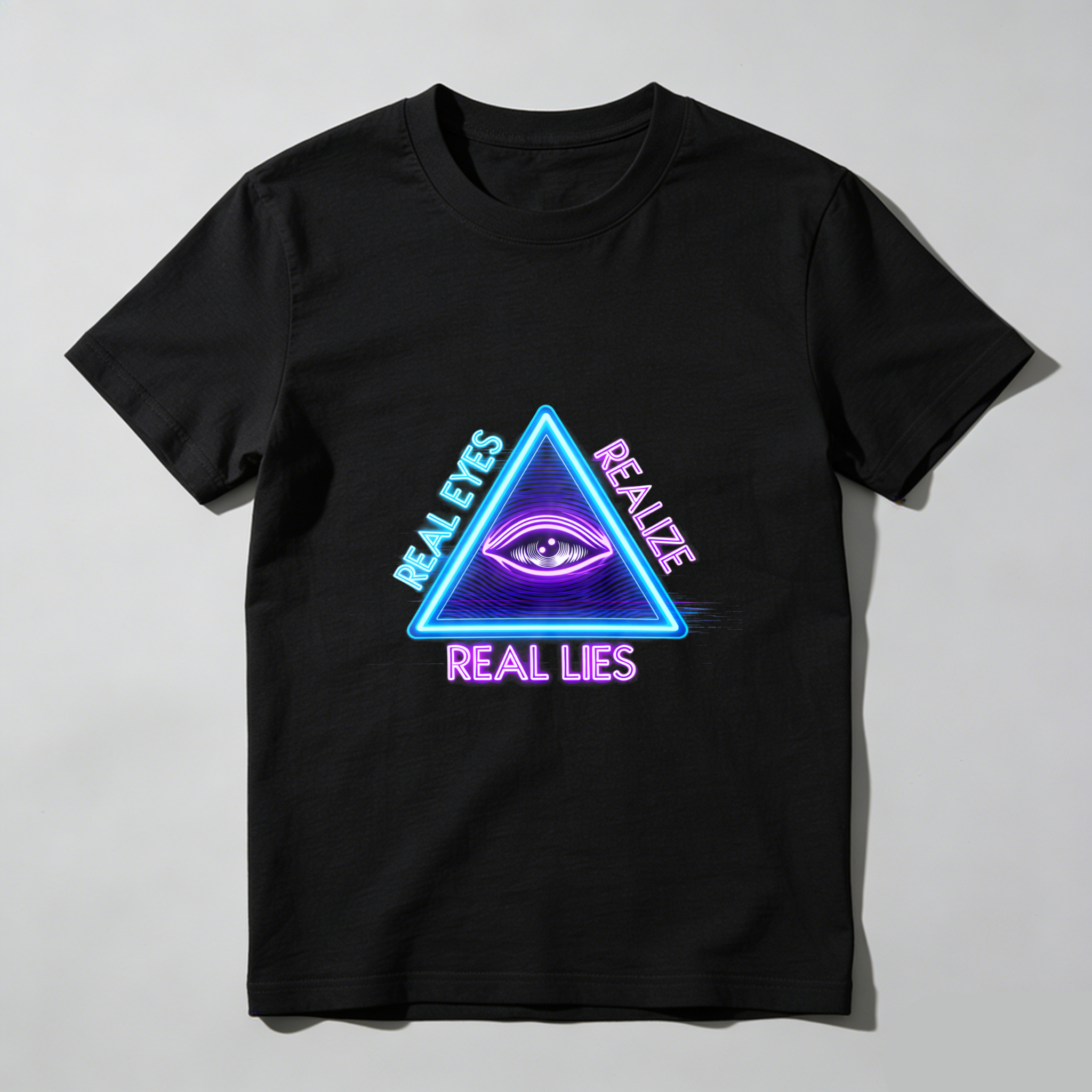 TEECURENT  Real Eyes Realize Real Lies Neon Triangle Eye Design TEECURENT