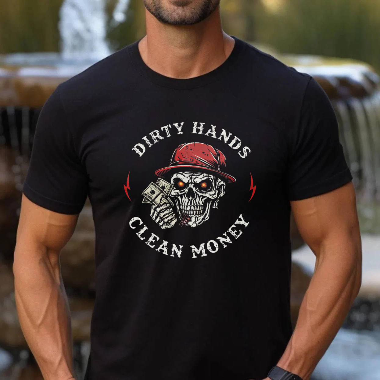 TEECURENT Dirty Hands Clean Money Skull T Shirt With Red Hat And Money Graphic Design For Men And Women