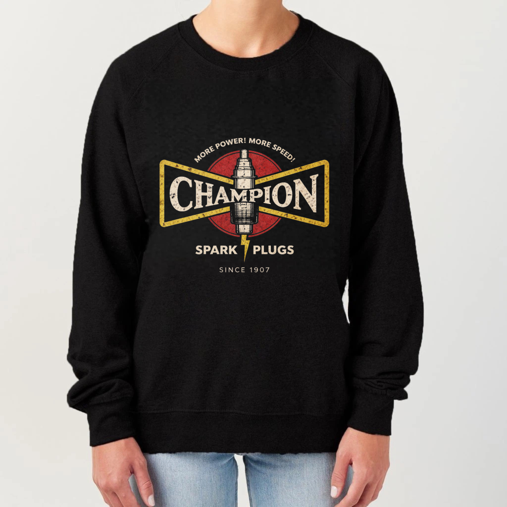 TEECURENT Champion Spark Plugs Vintage Logo Crewneck Sweatshirt Black Unisex Casual Sweatshirt With Classic Automotive Design