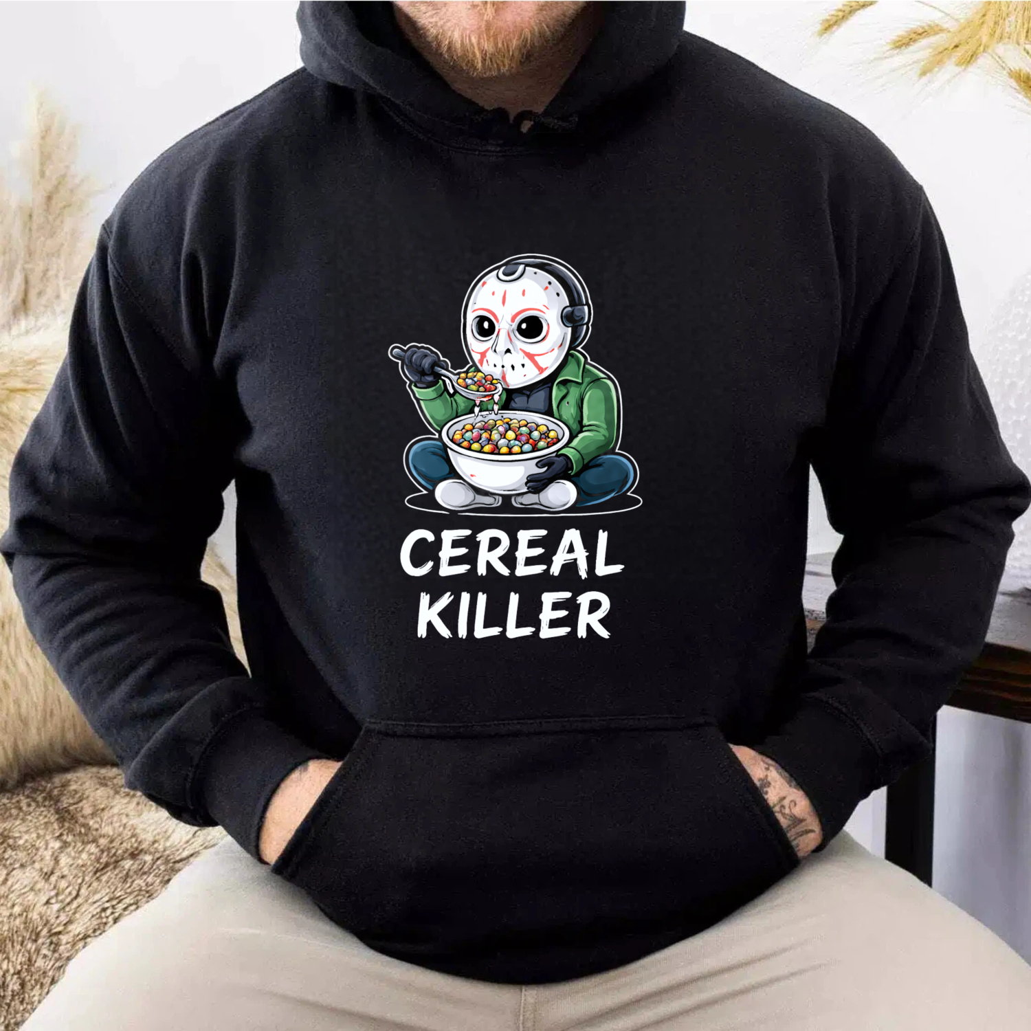 TEECURENT Gildan Cereal Killer Halloween Hoodie With Jason Voorhees Eating Cereal Design Funny Horror Sweatshirt For Men Women Unisex Black Pullover