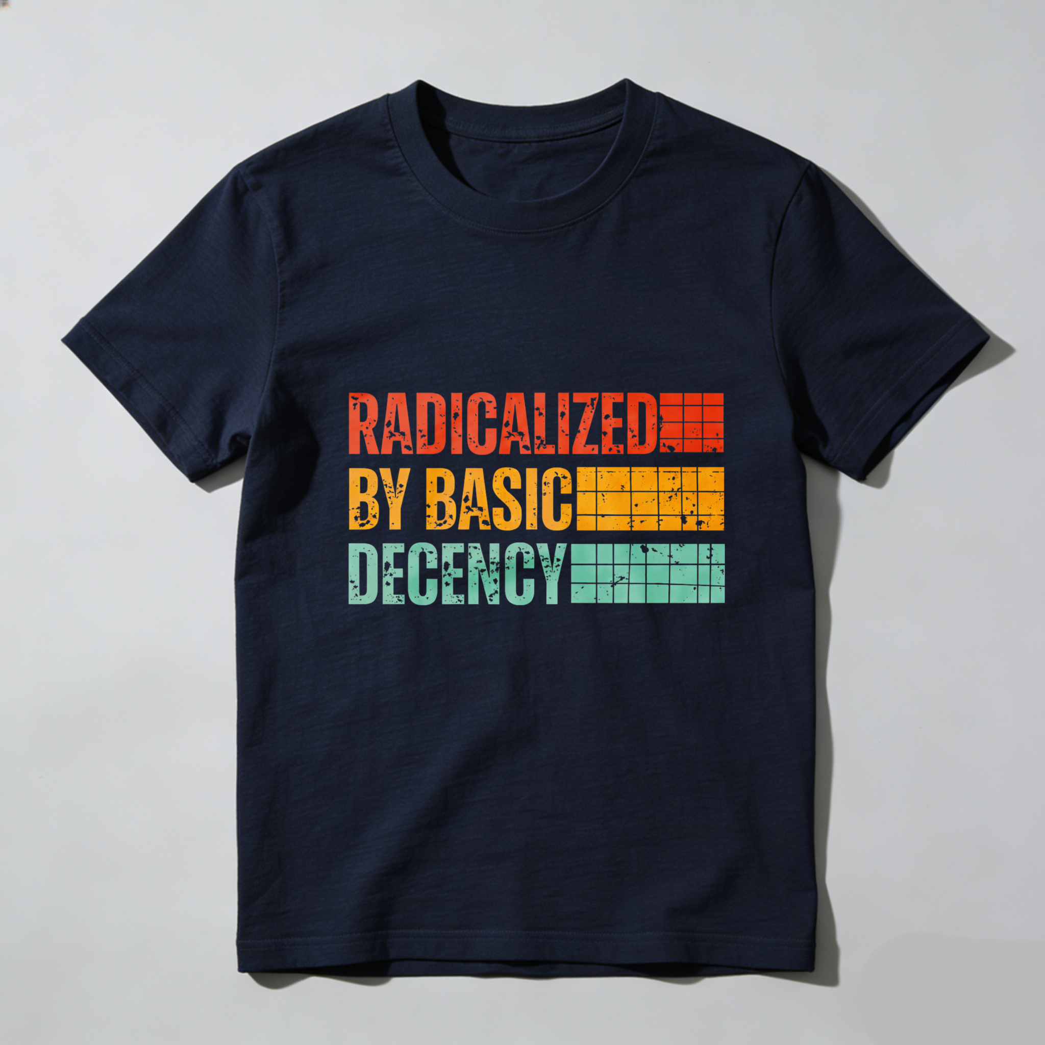TEECURENTRadicalized By Basic Decency T Shirt Retro Style Color Block Design Black Cotton Tee Men Women Unisex Fashion Statement Apparel-TeeCurent