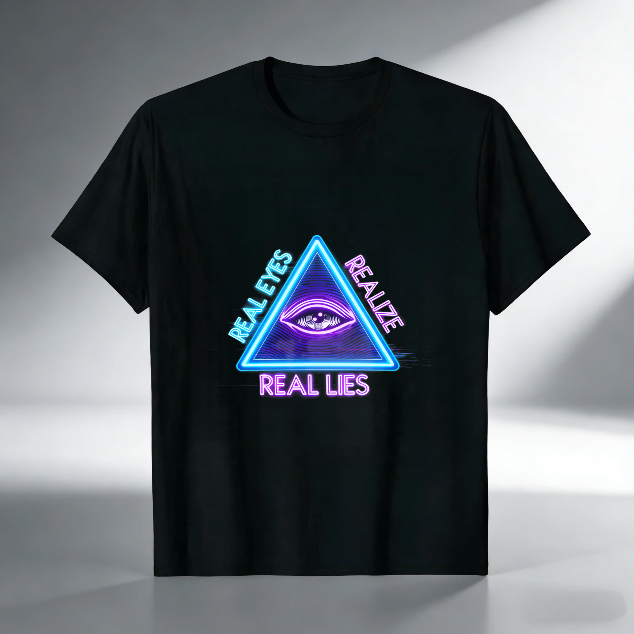 TEECURENT  Real Eyes Realize Real Lies Neon Triangle Eye Design TEECURENT