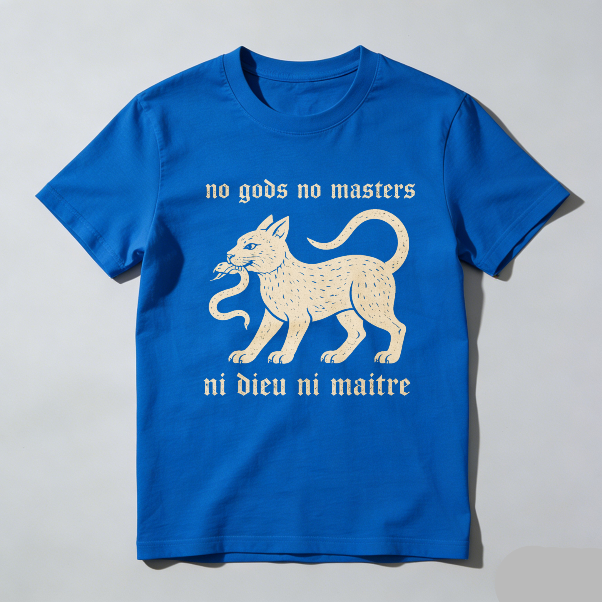 TEECURENTNo Gods No Masters Cat And Snake T Shirt Ni Dieu Ni Maitre Anarchist Statement Black Cotton Tee-TeeCurent